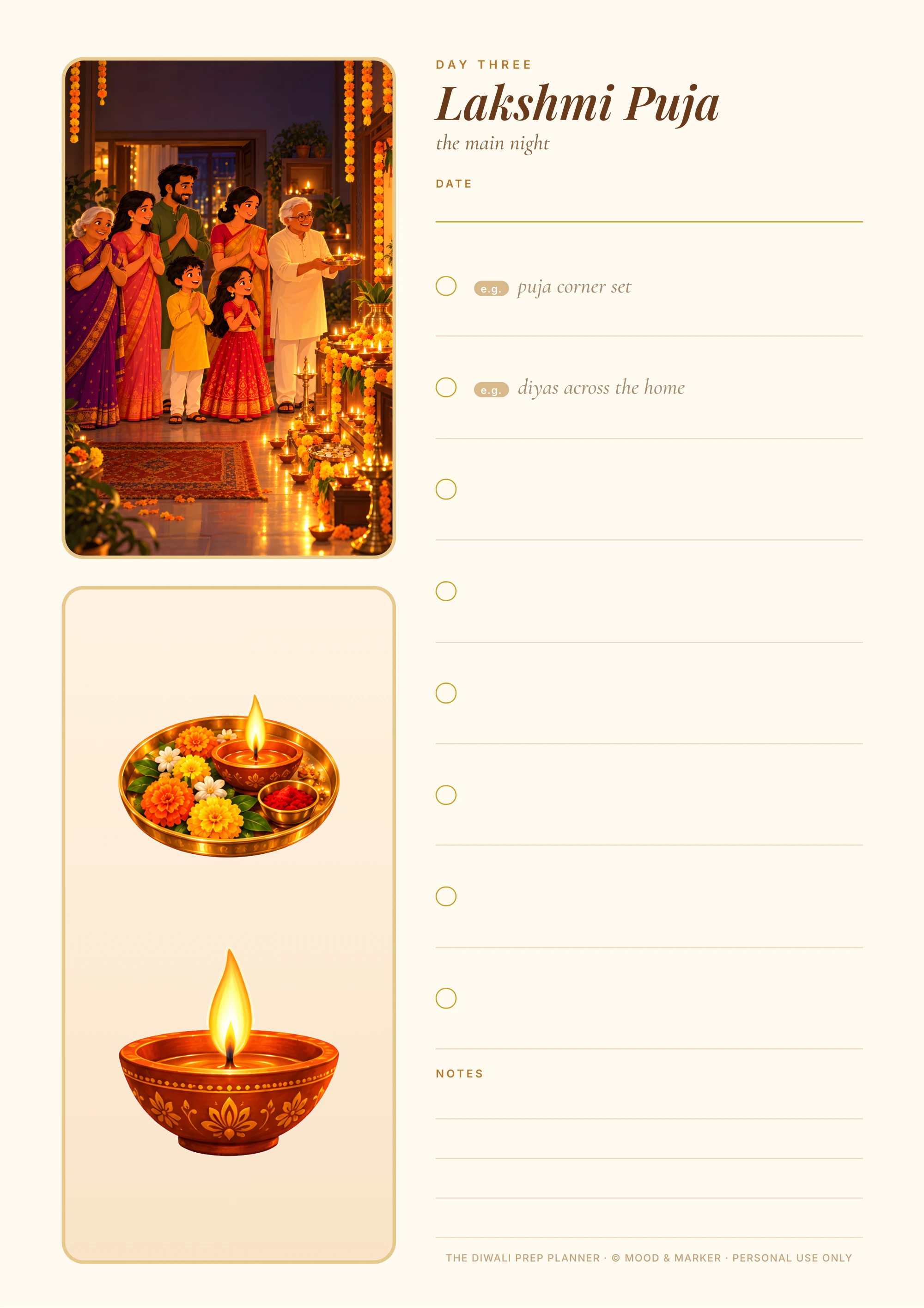 Lakshmi Puja, the main night — a painted puja scene beside a date line, checklist and notes