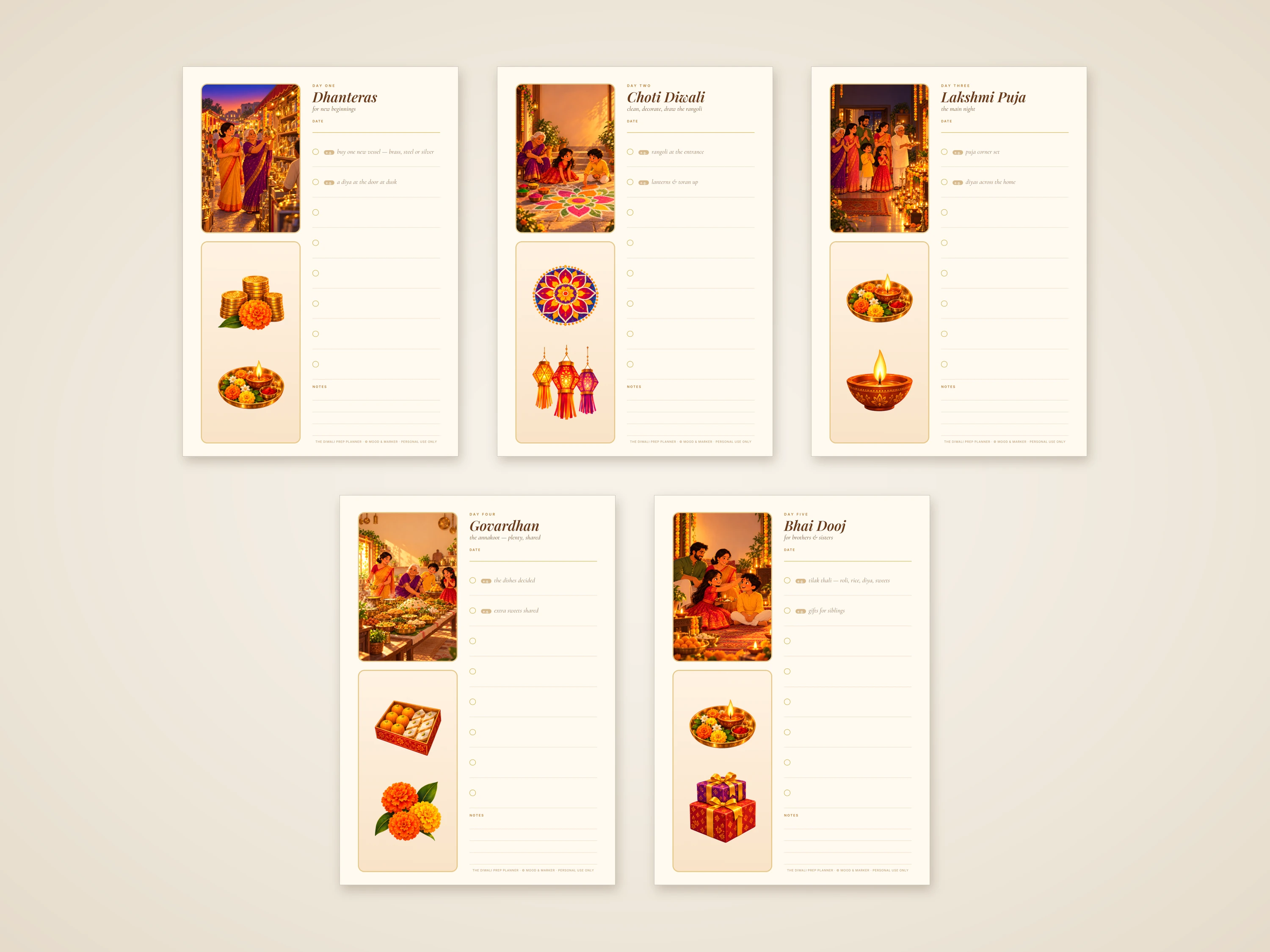 All five day pages laid out — Dhanteras, Choti Diwali, Lakshmi Puja, Govardhan and Bhai Dooj