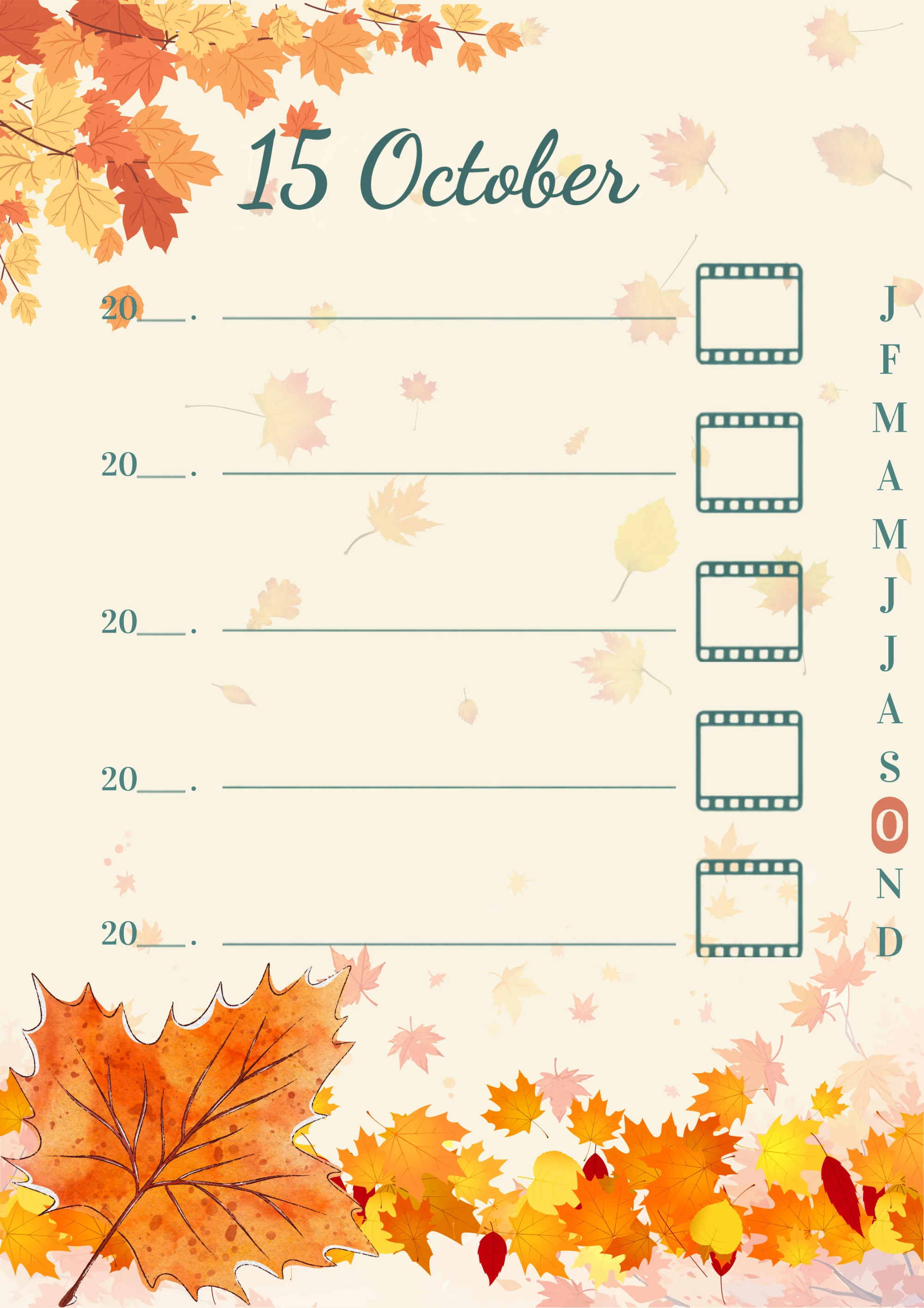 A day page for 15 October — five dated year-rows side by side, a film-frame photo spot on each, and the month tab rail with October lit in coral