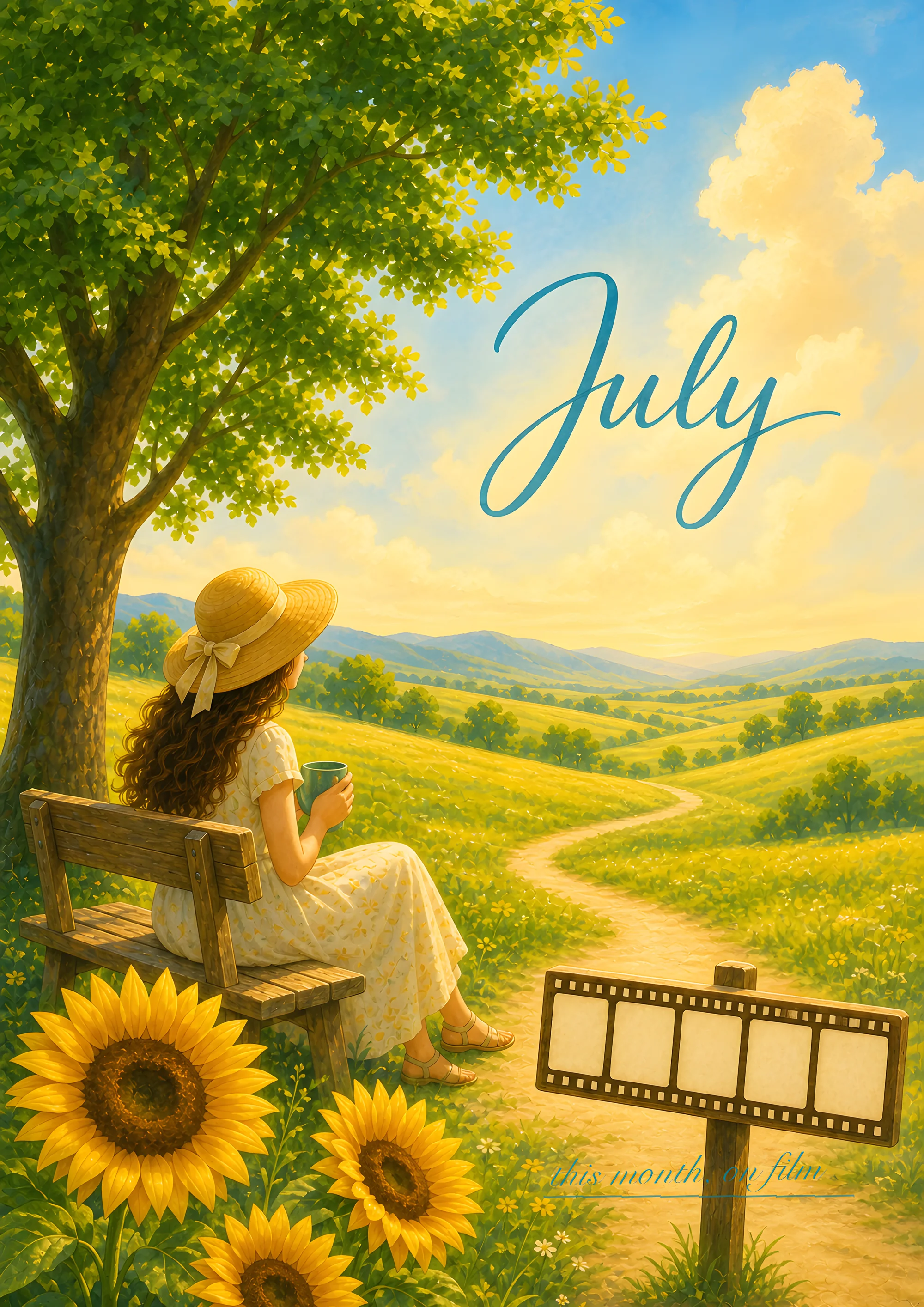 July — a hand-painted summer month opener, a woman under a tree above sunflowers and rolling hills