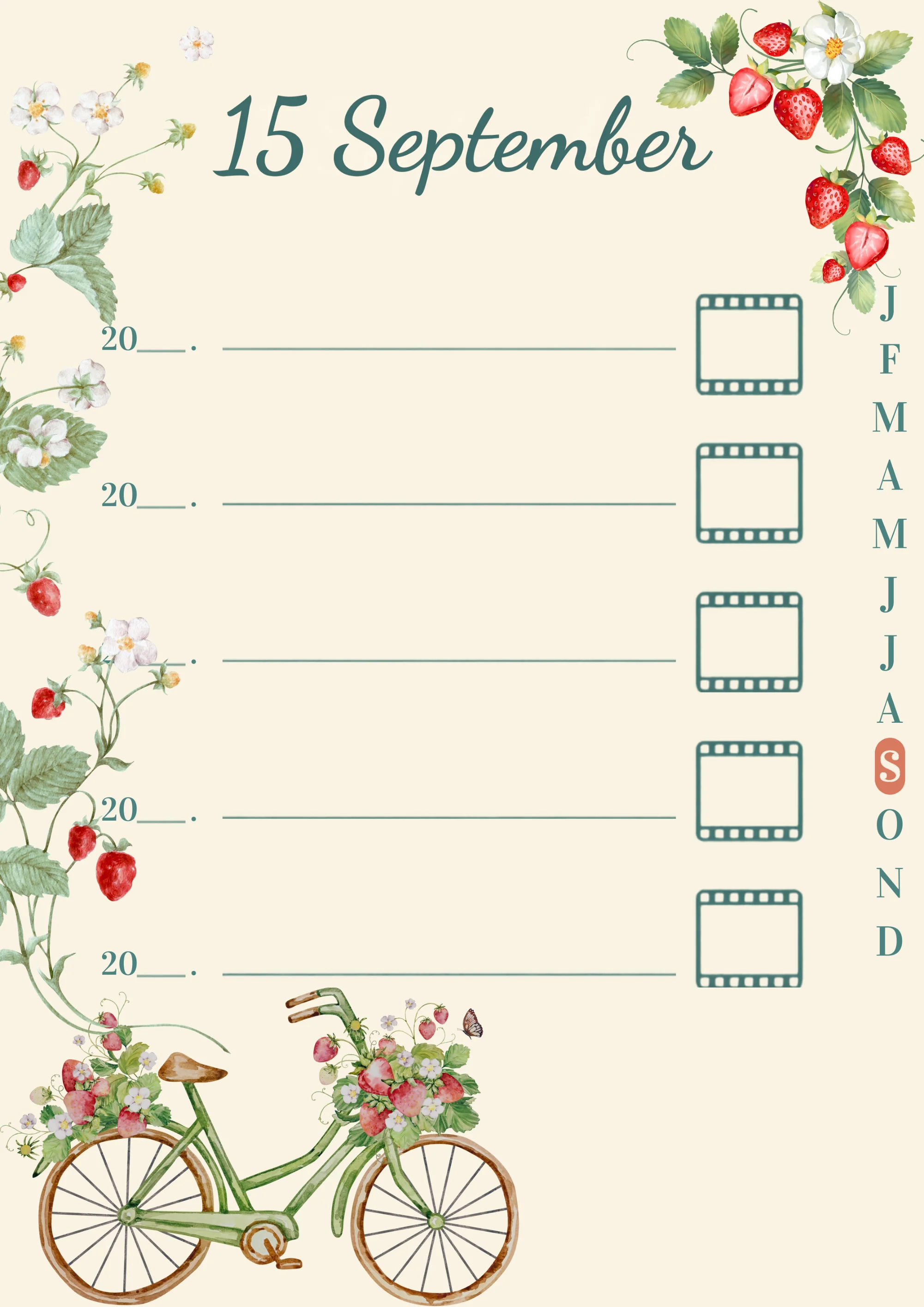 A day page for 15 September, framed in painted strawberries and a flower-laden bicycle, with September lit in the month tab rail
