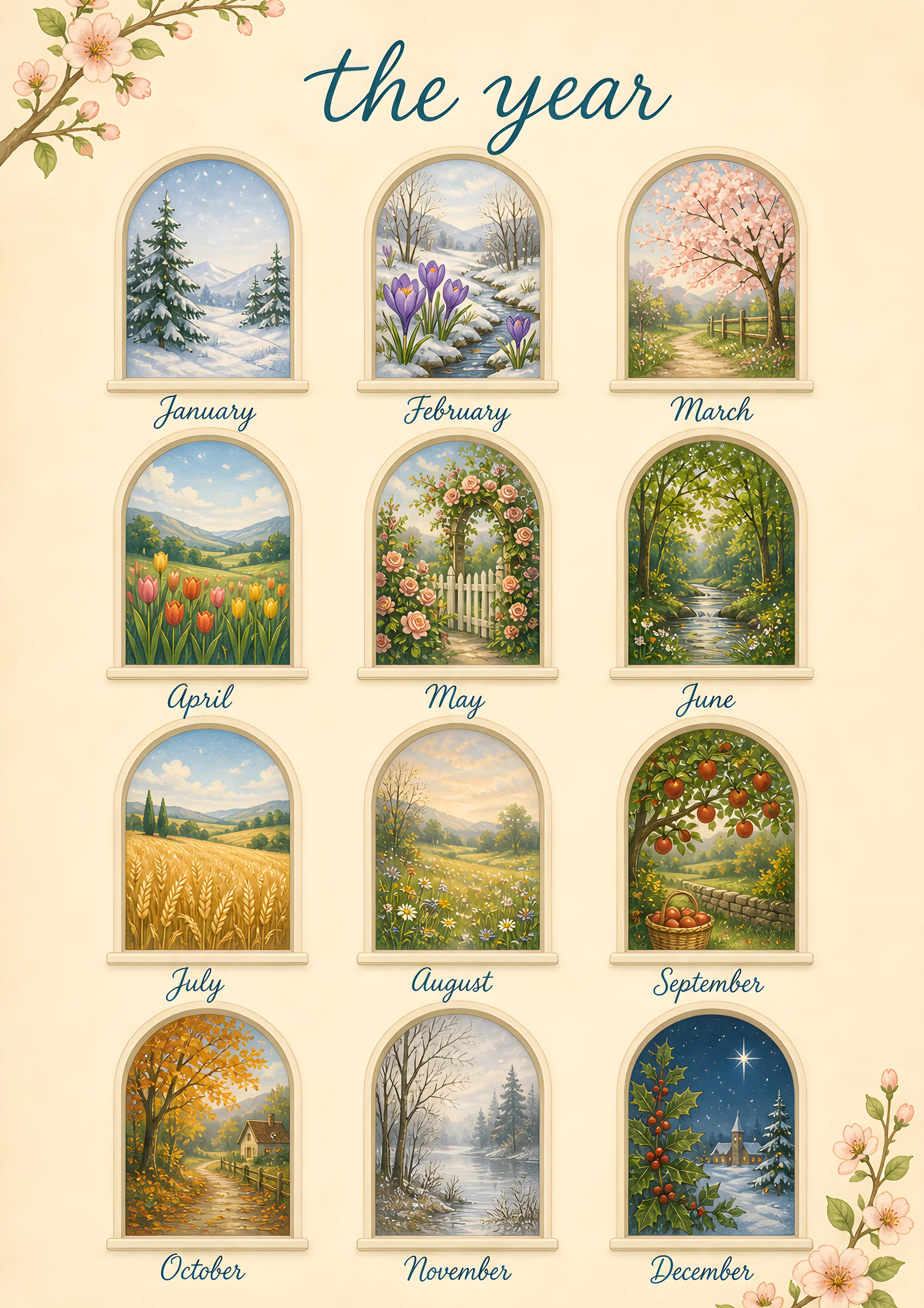 'The year' — the painted twelve-window month index, one seasonal scene per month
