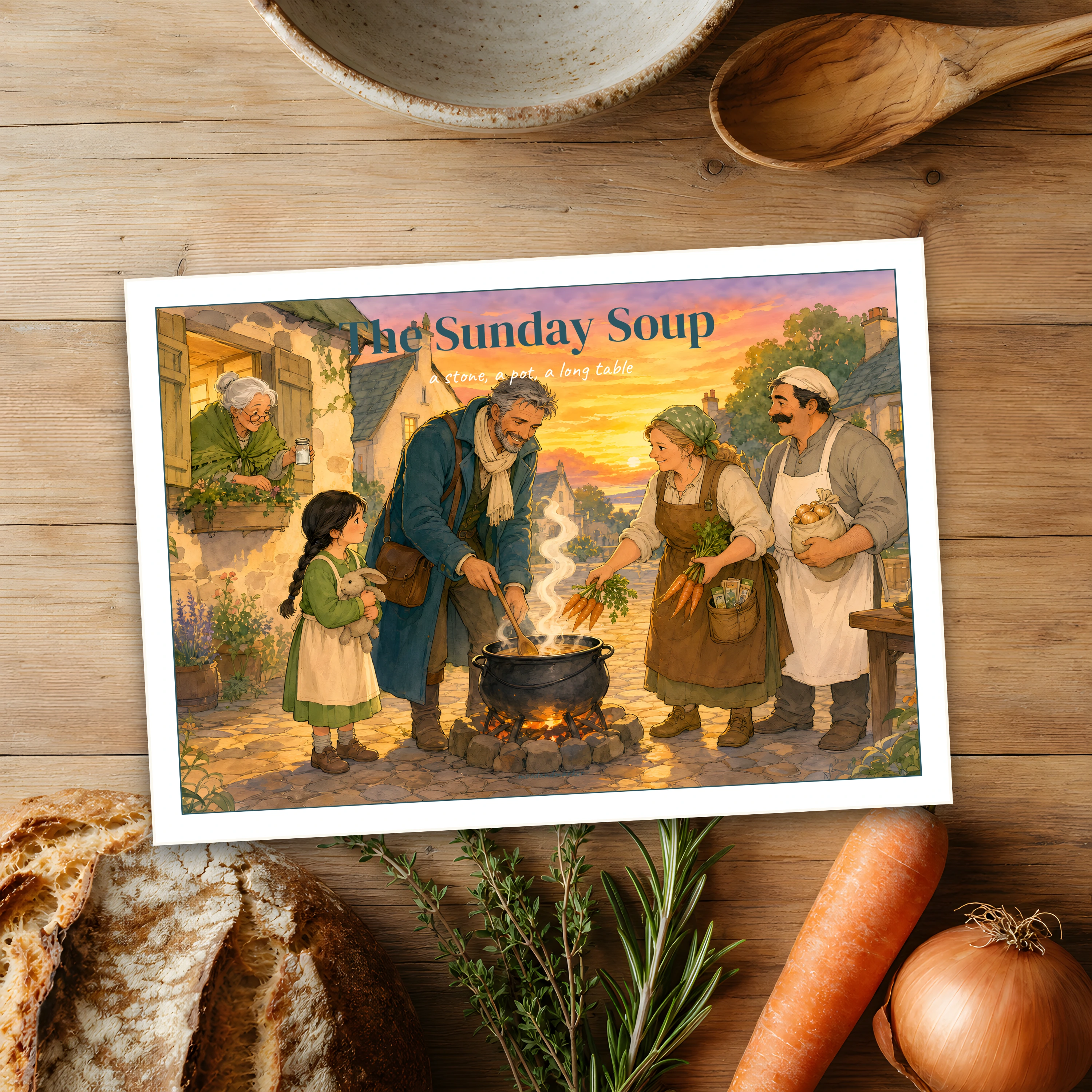 The Sunday Soup painted cover — villagers gathered around the traveler's pot at dusk
