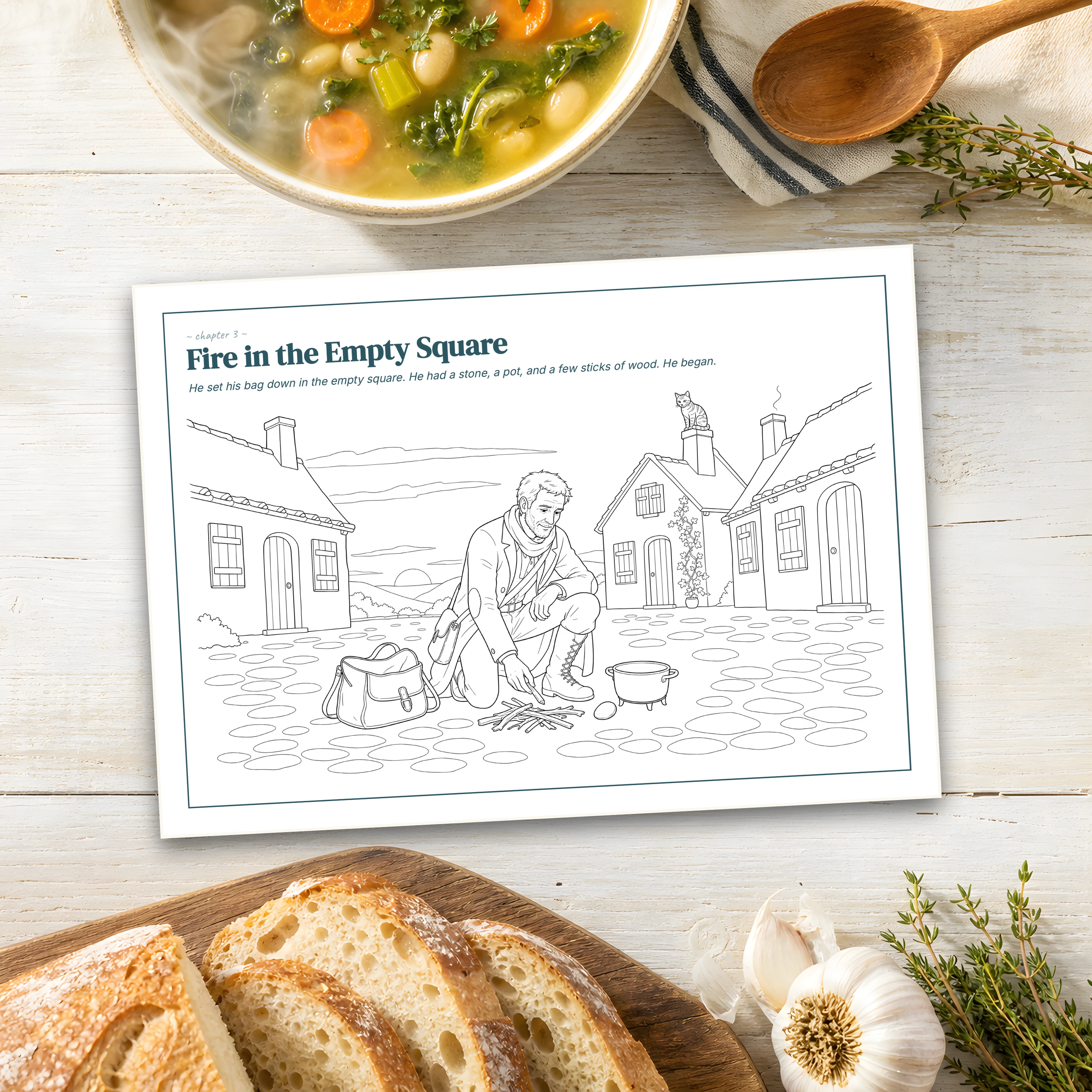Fire in the Empty Square — coloring page on a wooden table with a bowl of vegetable soup