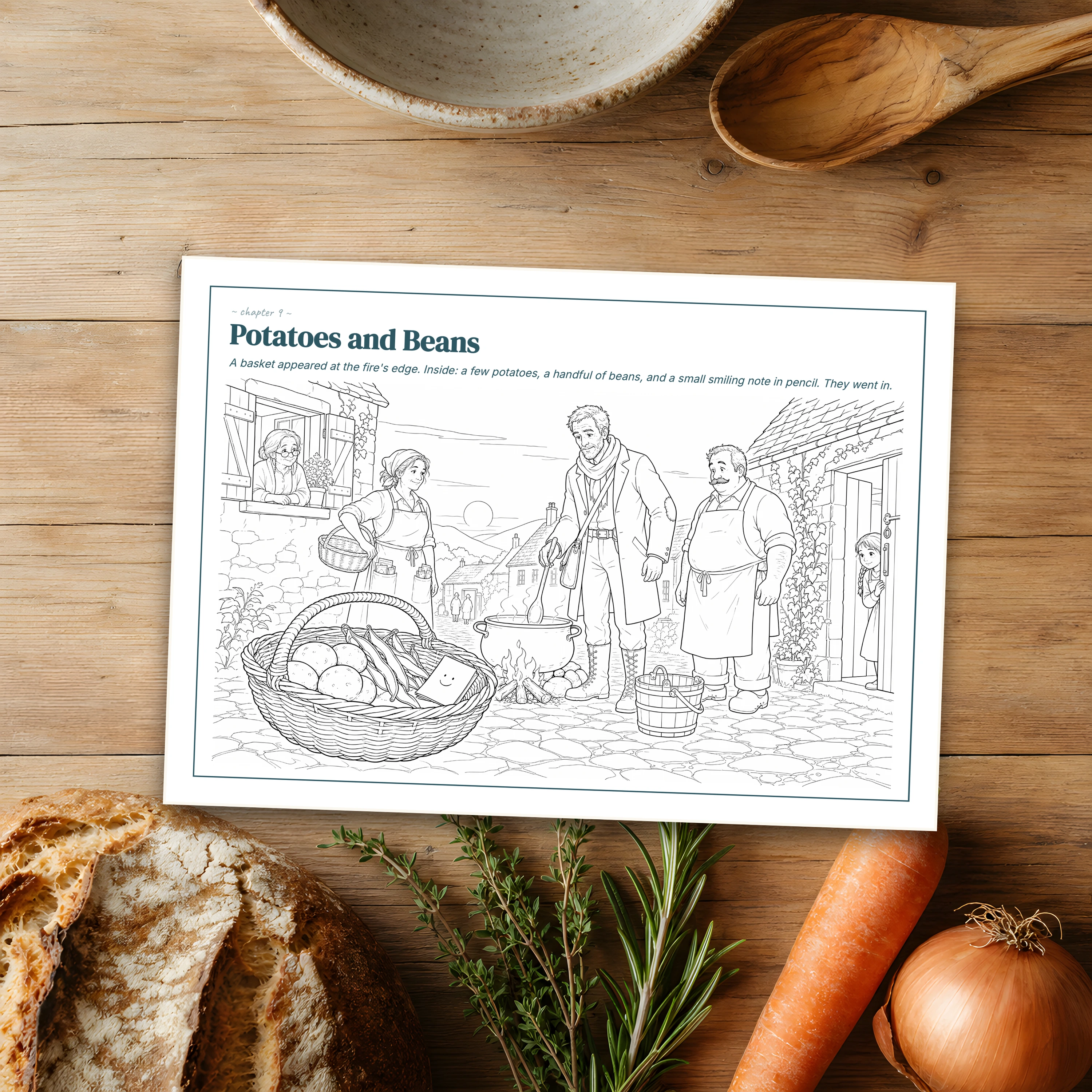Potatoes and Beans — coloring page in a flat-lay with fresh bread and onions