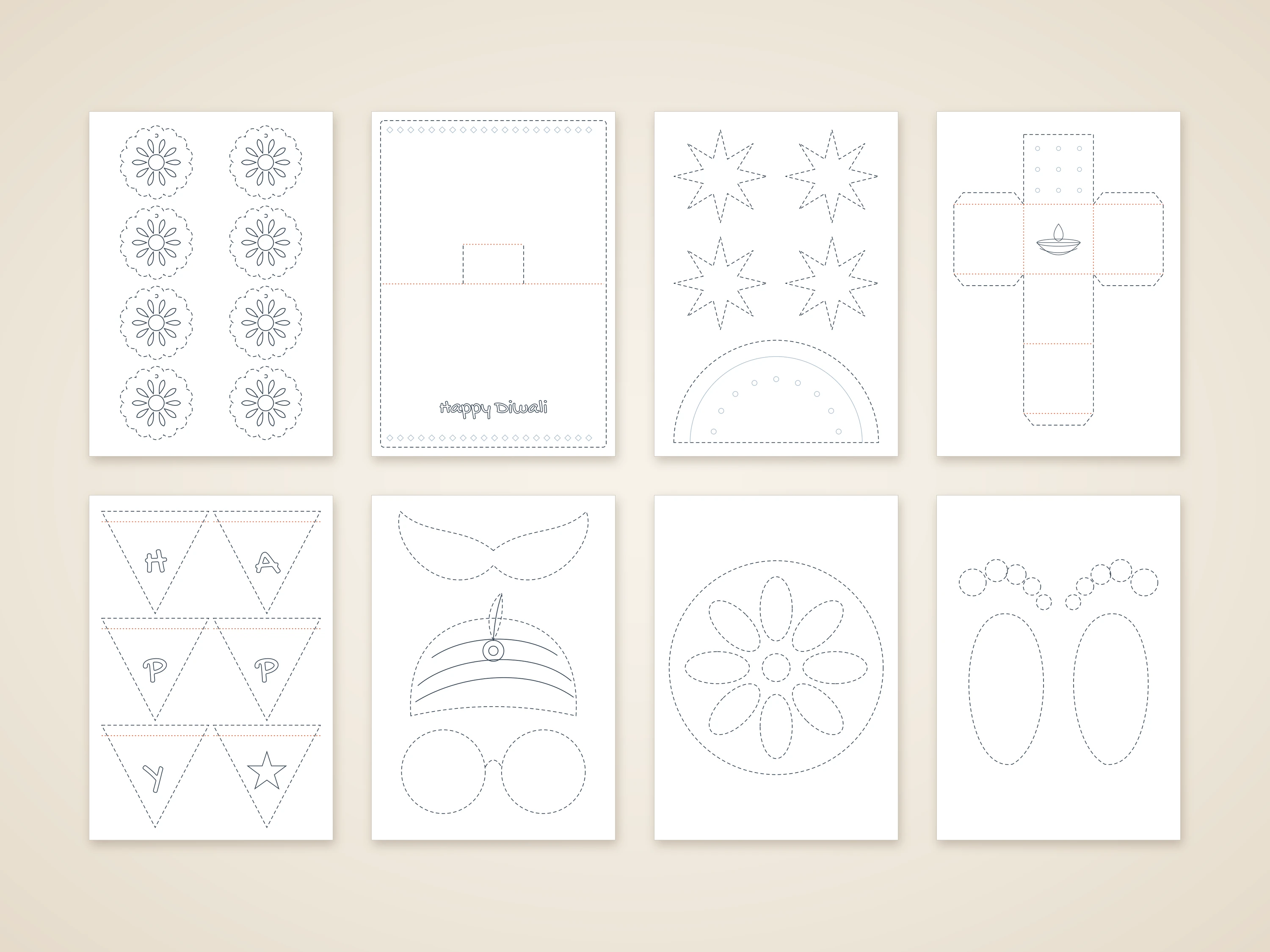 Eight more templates — toran flowers, pop-up card, sparklers, mithai box, bunting, props, a rangoli stencil and footsteps