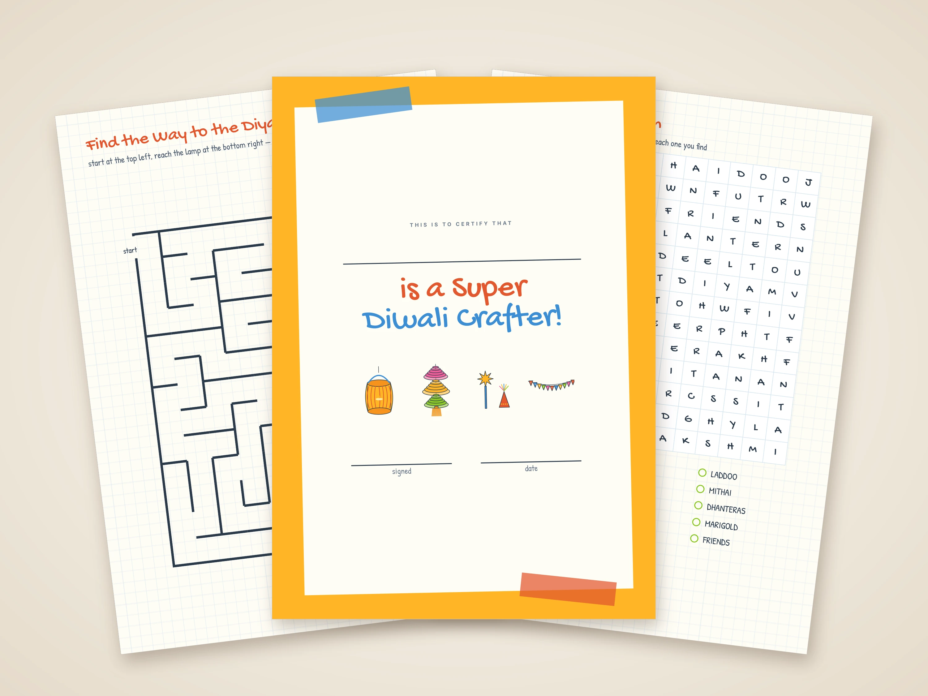 The maze, the Super Diwali Crafter certificate and the word search