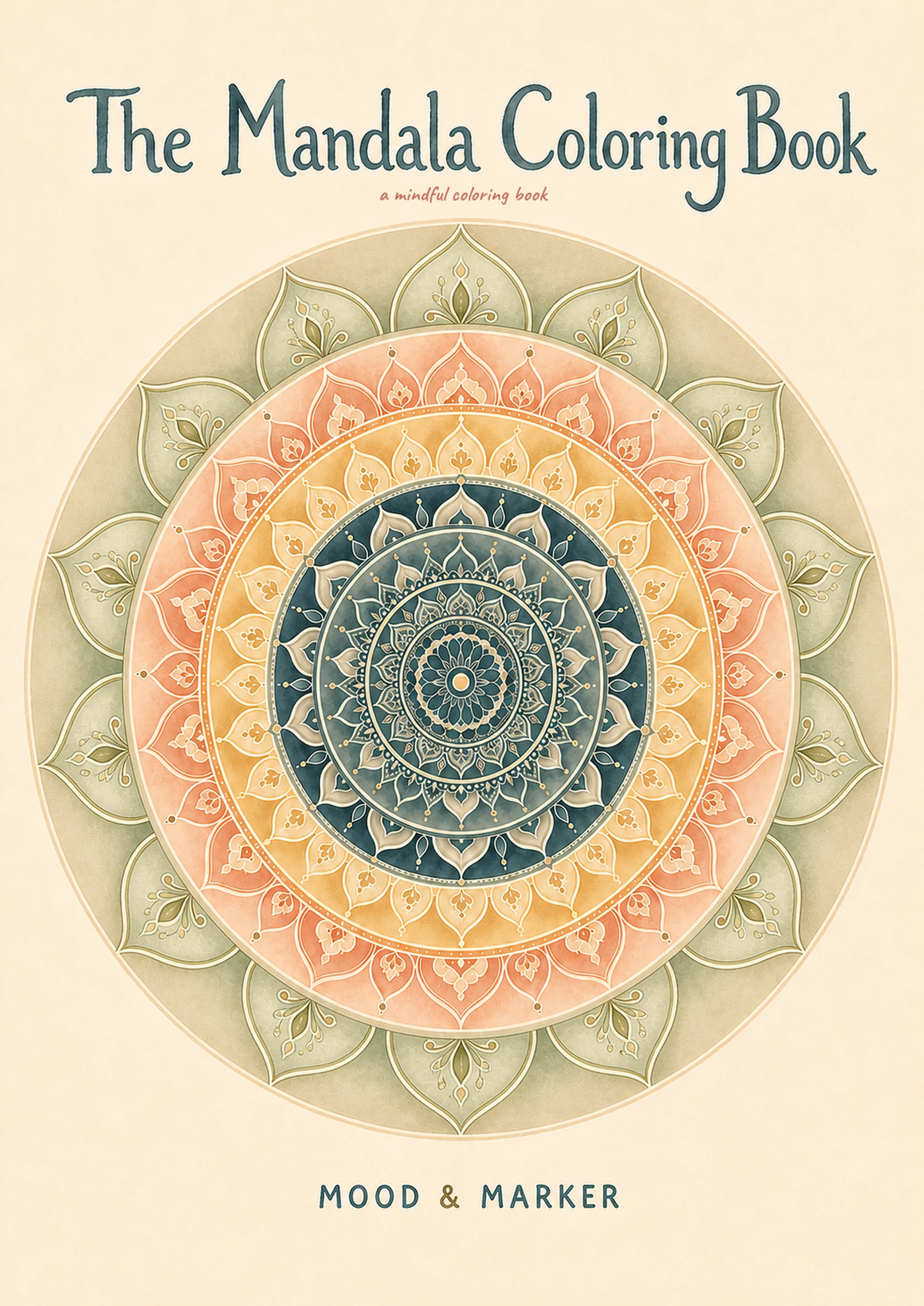 Line-art pages fanned out — a bouquet, a mandala, and an elephant