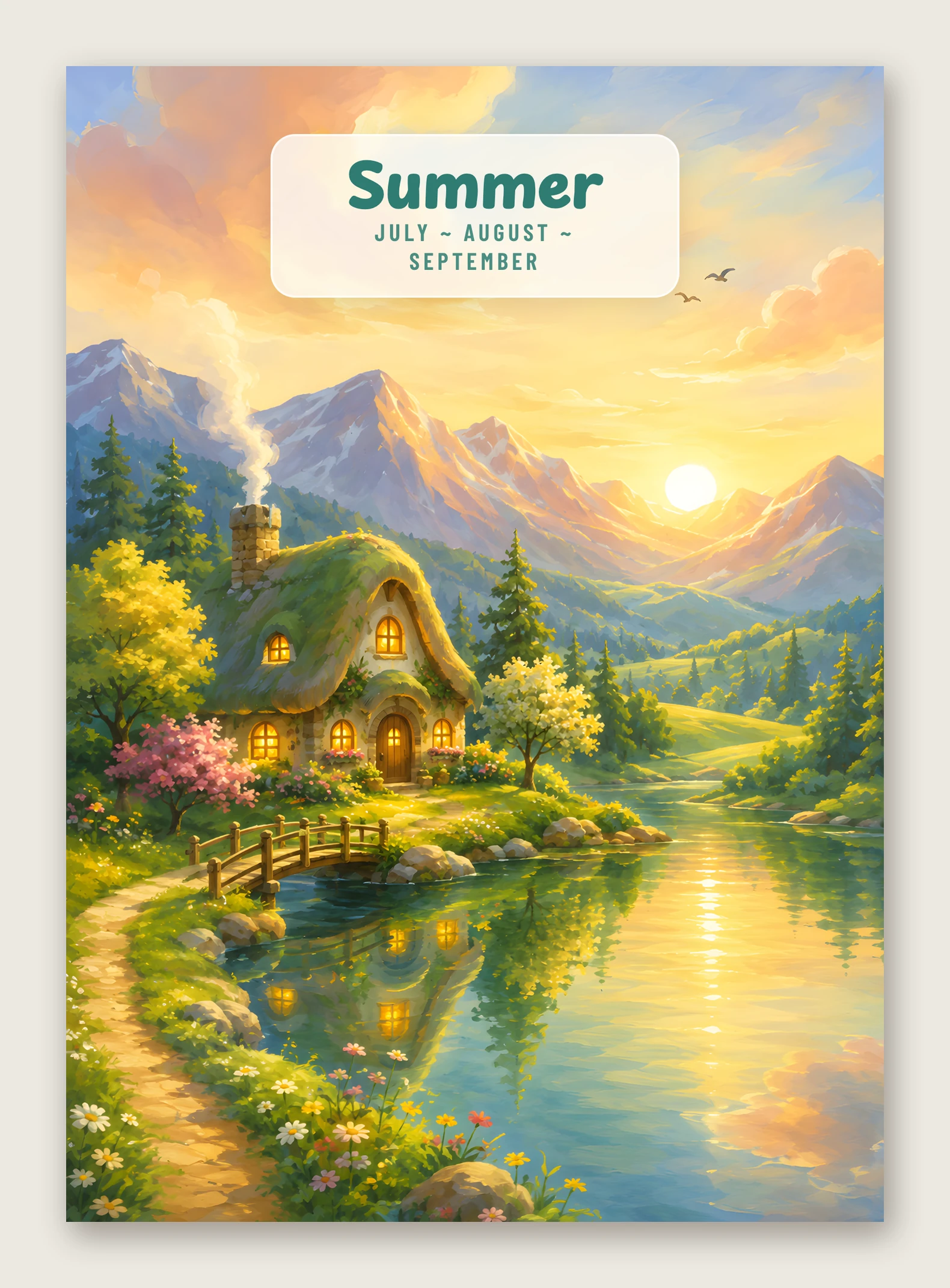 The Summer divider — July, August, September — a thatched cottage above a still lake at sunset