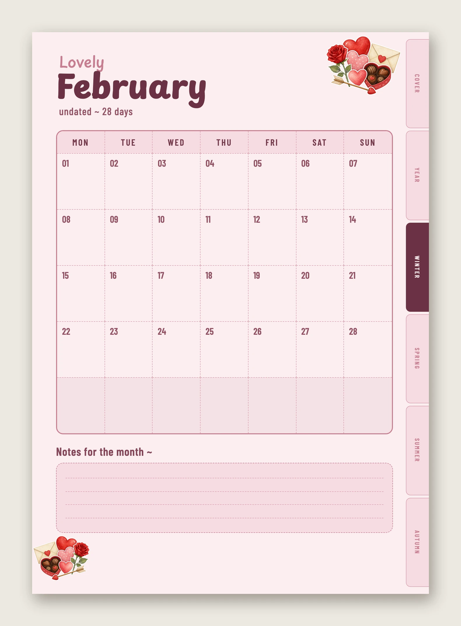 February's monthly calendar in its own soft pink, titled 'Lovely', with a hand-painted cherry-and-berry sticker cluster