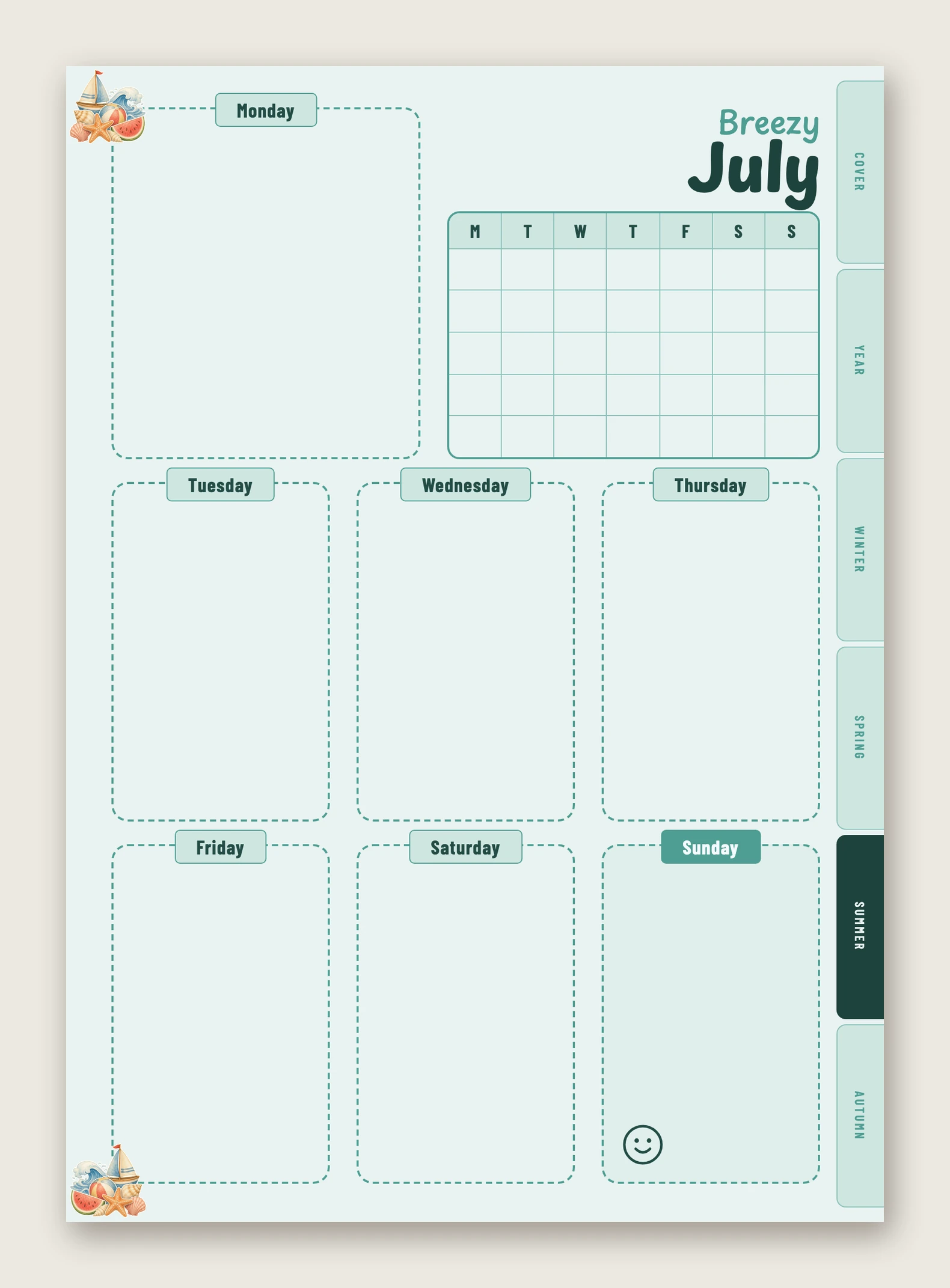July's weekly spread in teal, titled 'Breezy' — seven dashed day boxes around a small month grid