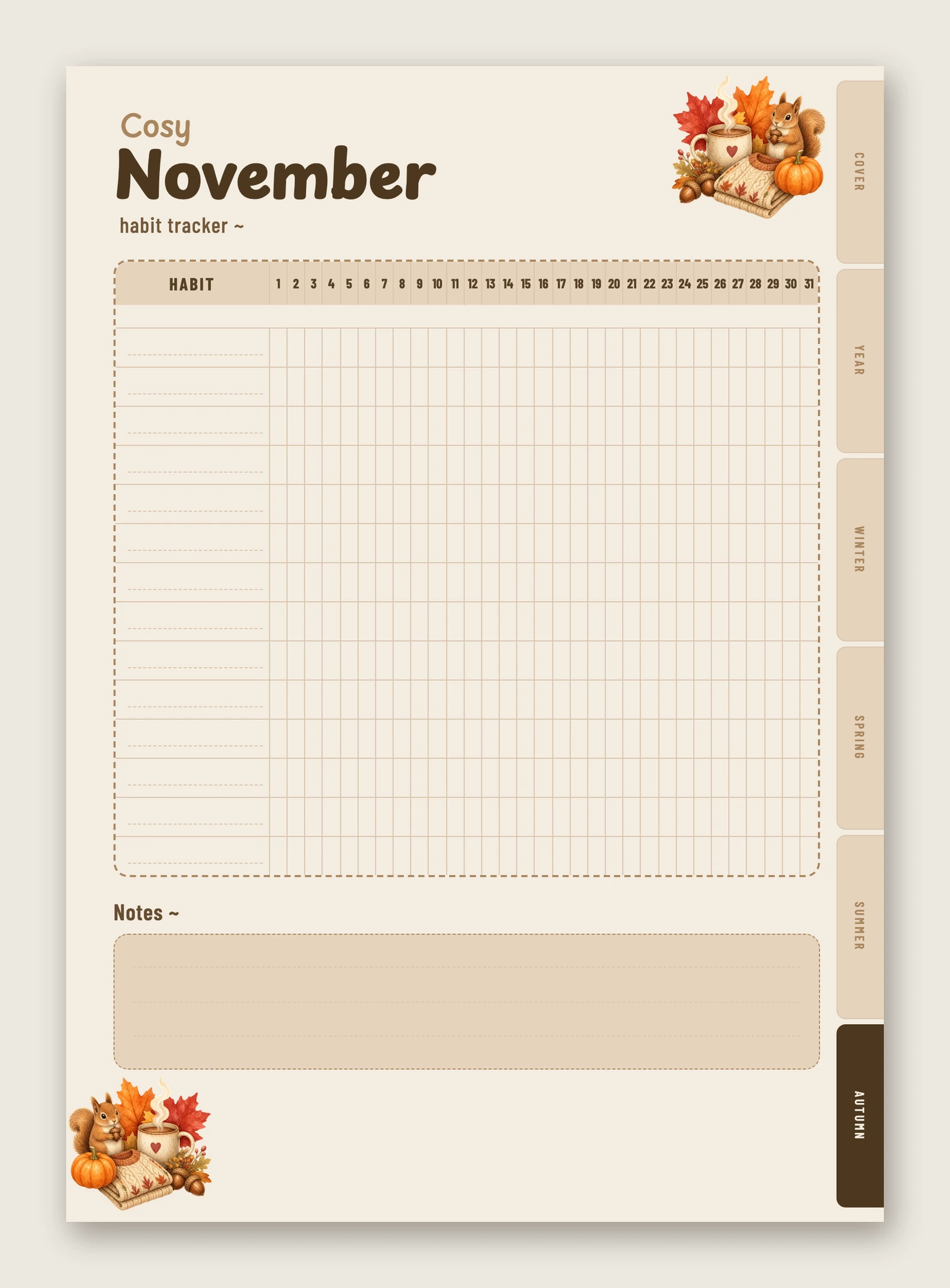 November's habit tracker in cocoa, titled 'Cosy' — a full-month grid to tick, with painted pumpkins in the corner