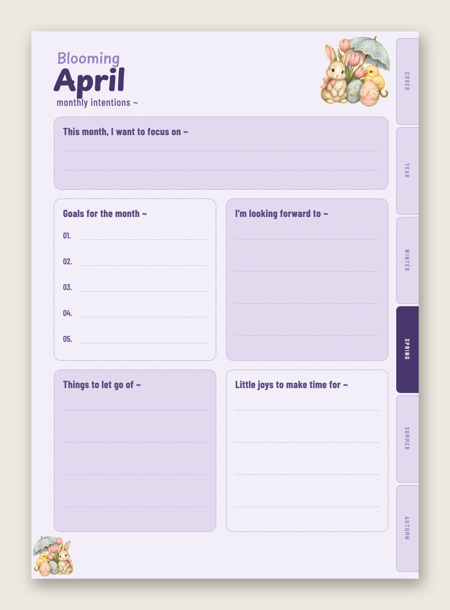 April's monthly intentions in lilac, titled 'Blooming' — this month's focus, goals, what you're looking forward to, and little joys