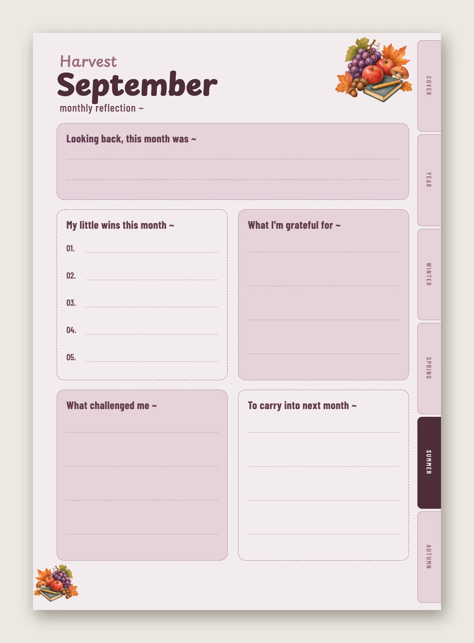 September's monthly reflection in plum, titled 'Harvest' — little wins, gratitude, what challenged you, and what to carry into next month