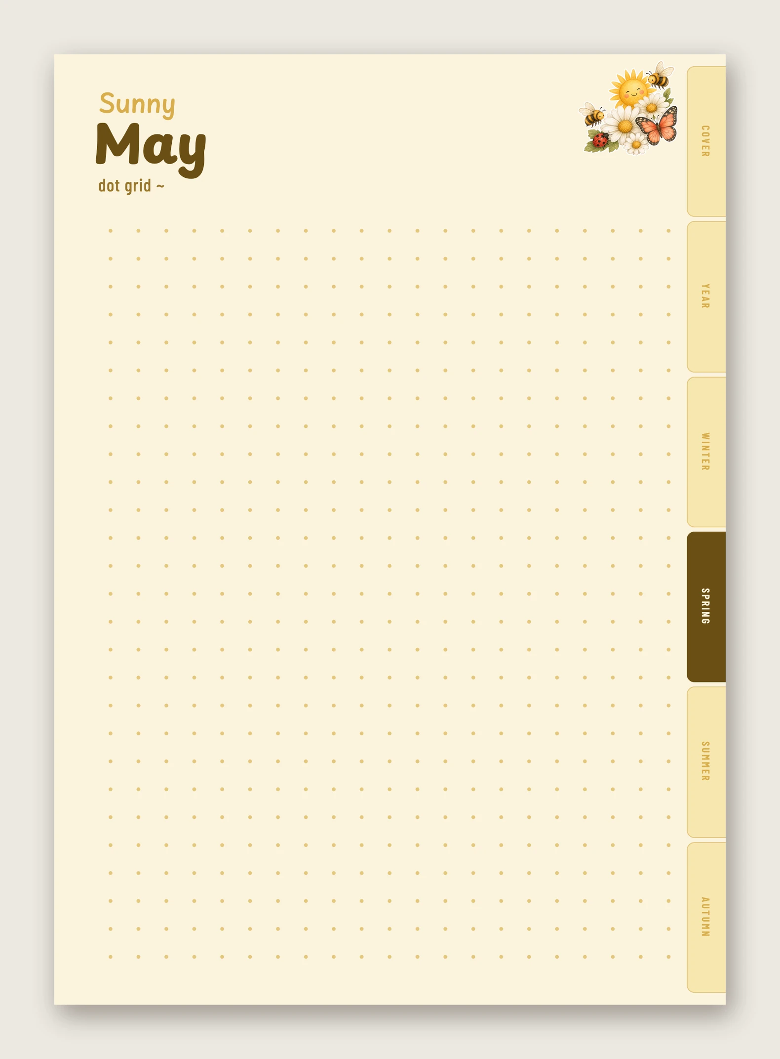 May's notes page in warm yellow, titled 'Sunny' — an open dot grid with painted summer stickers