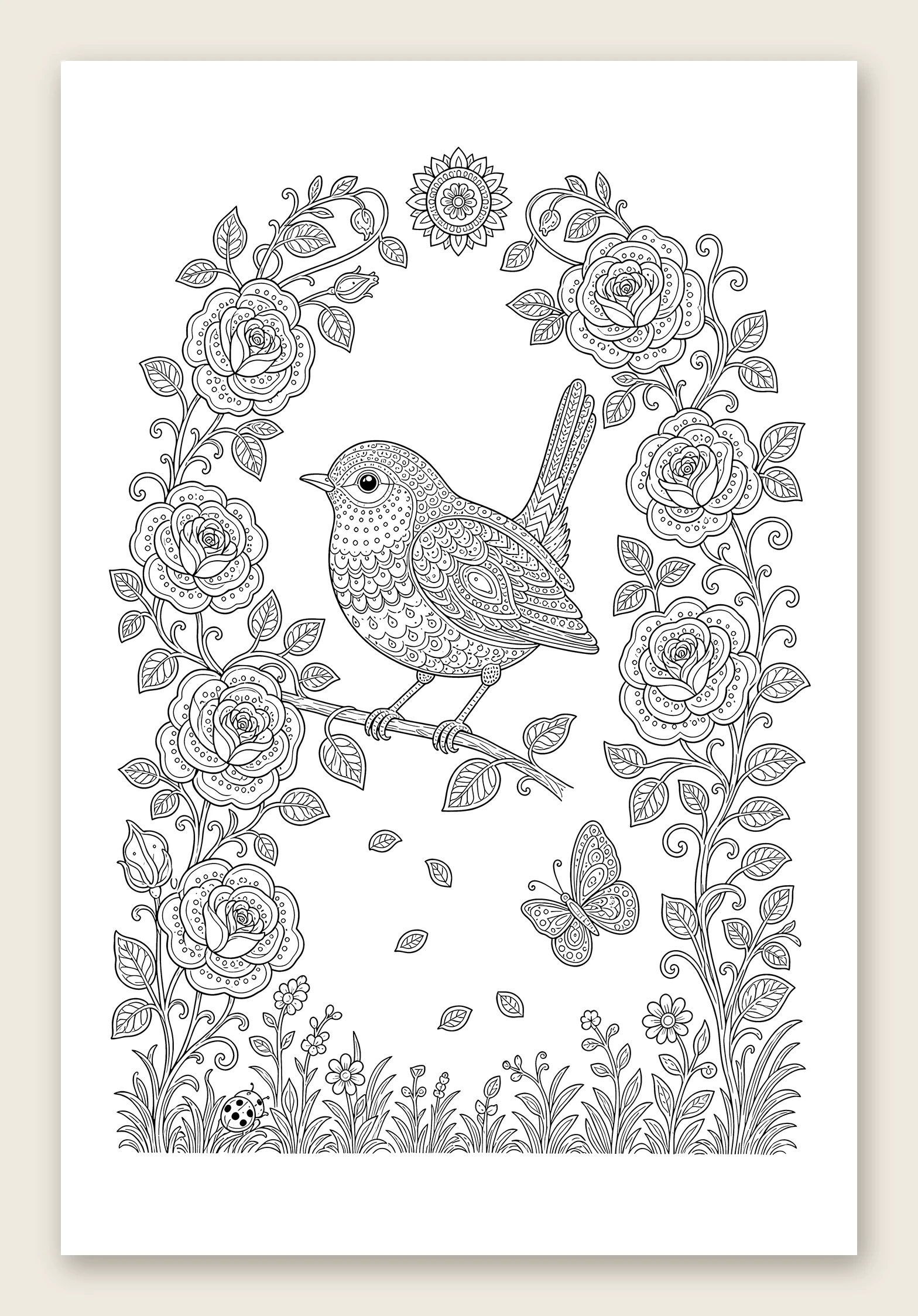 Robin in the roses — line-art coloring page