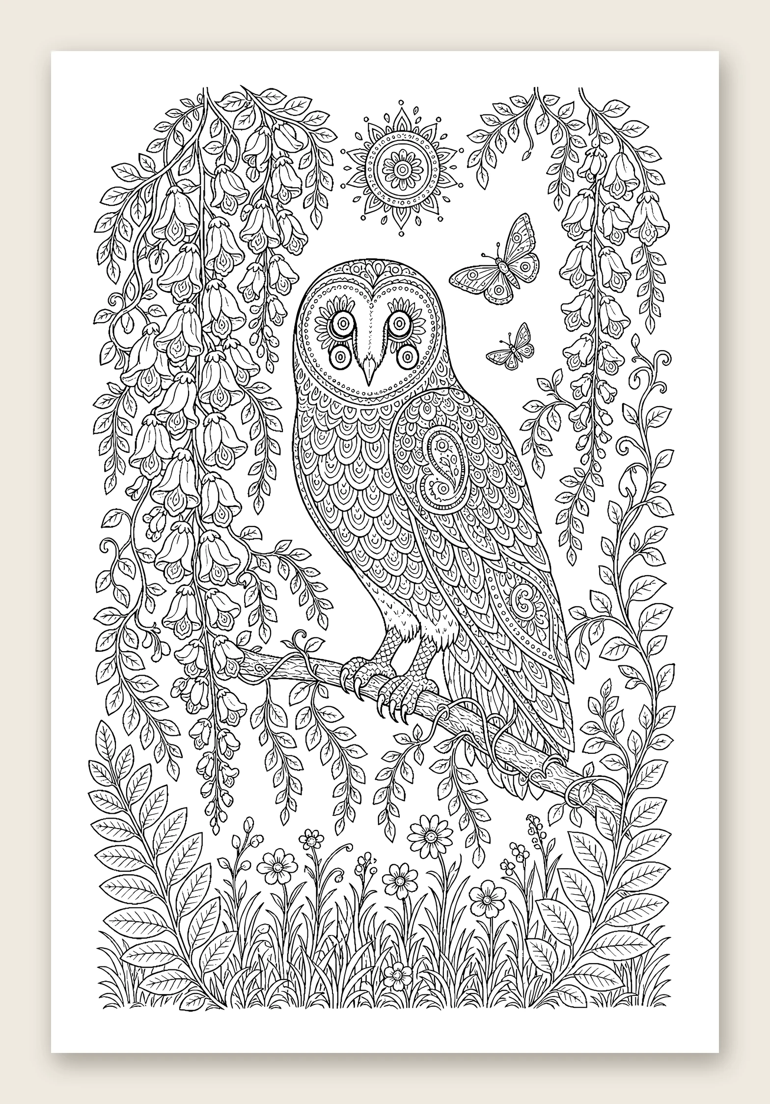 Owl in the wisteria — line-art coloring page