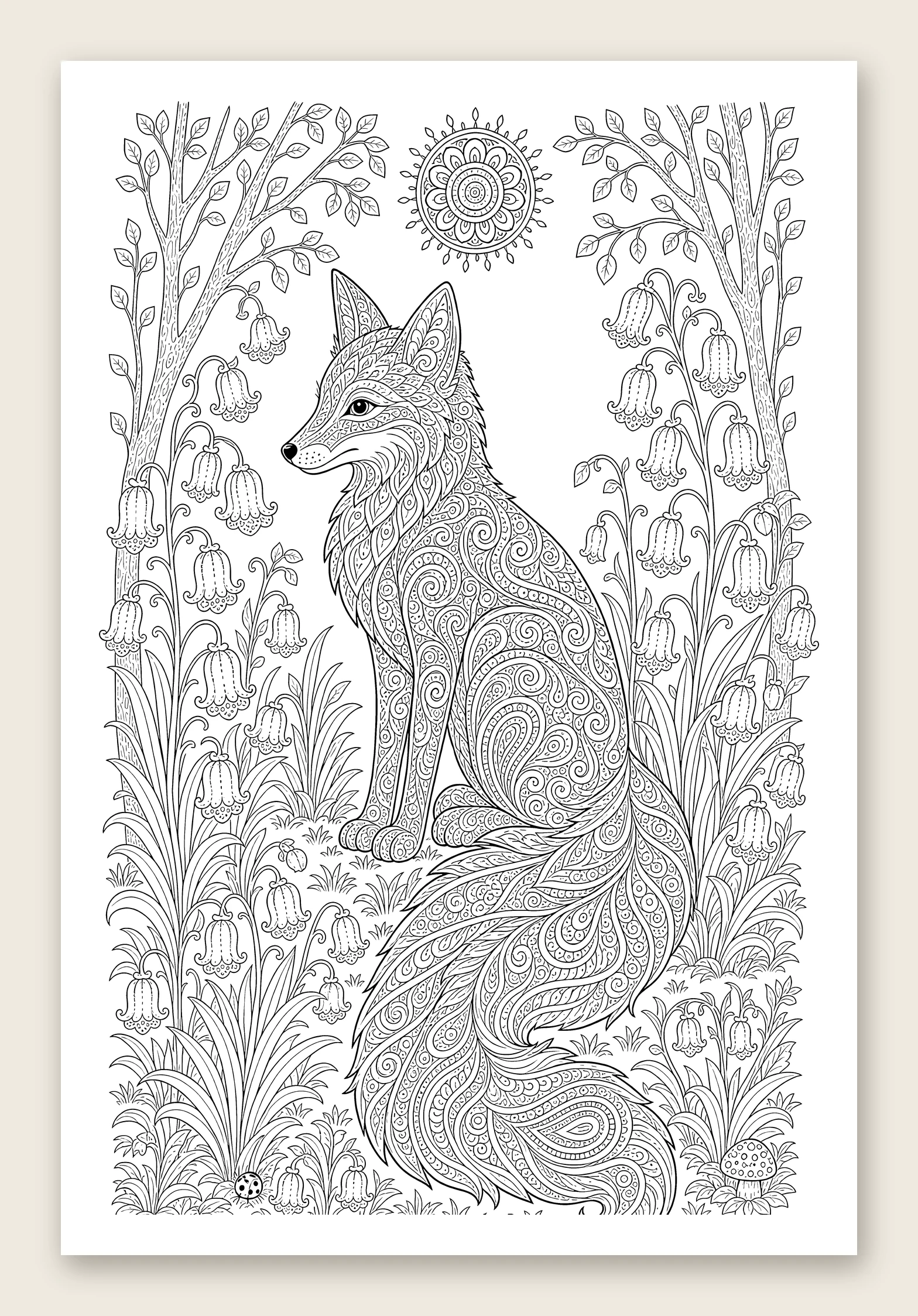 Fox among the bluebells — line-art coloring page
