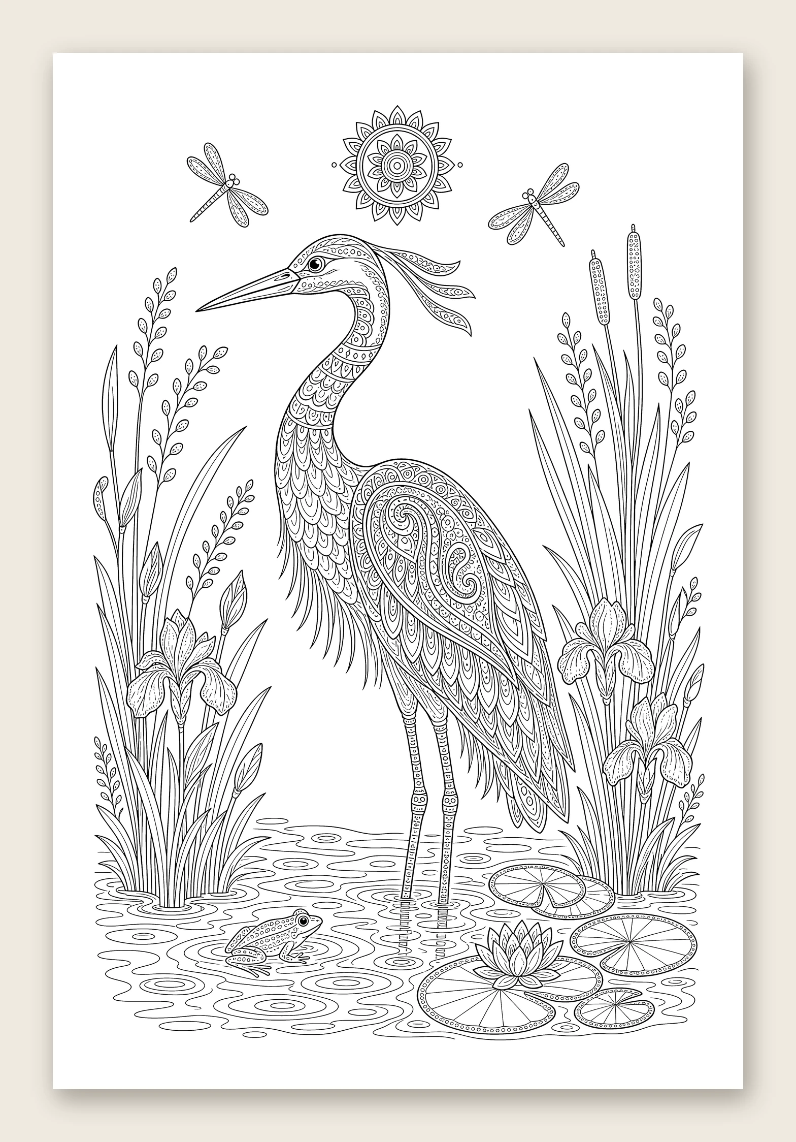 Heron at the pond, among reeds and lily pads — line-art coloring page