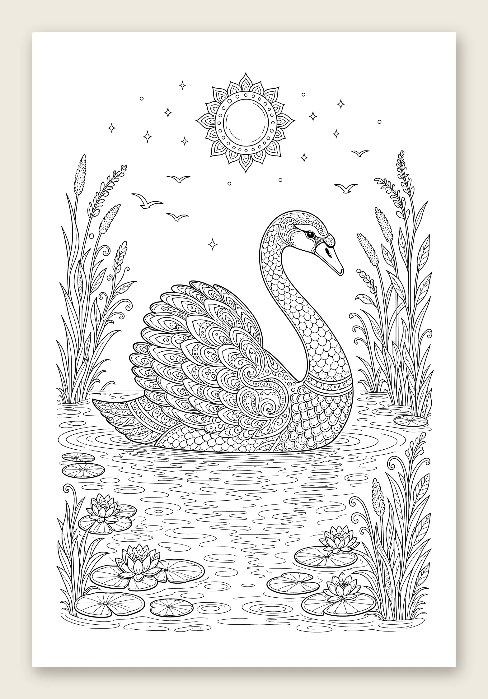 Swan at evening, under a sun and drifting birds — line-art coloring page