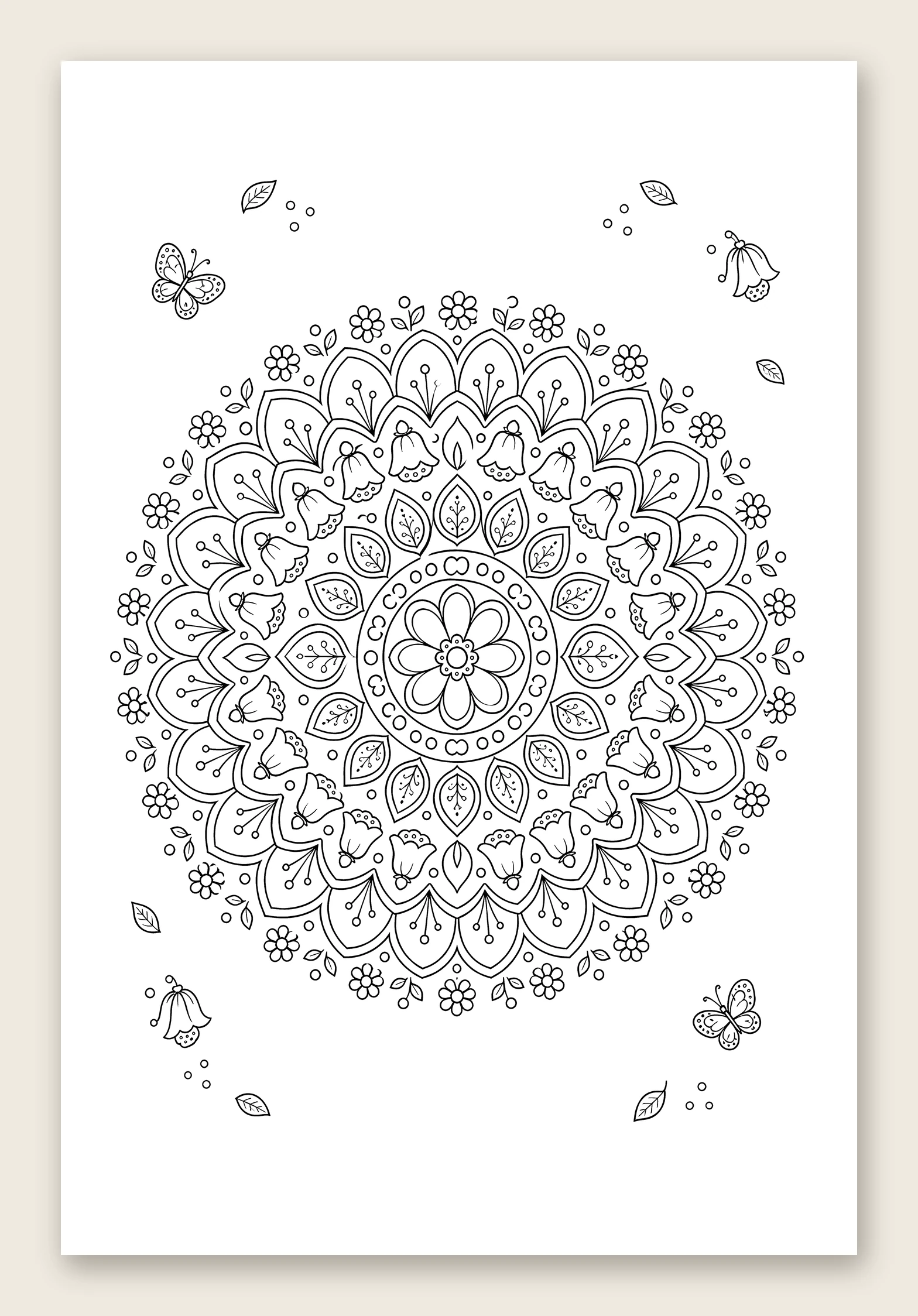 Floral mandala ringed with butterflies — line-art coloring page
