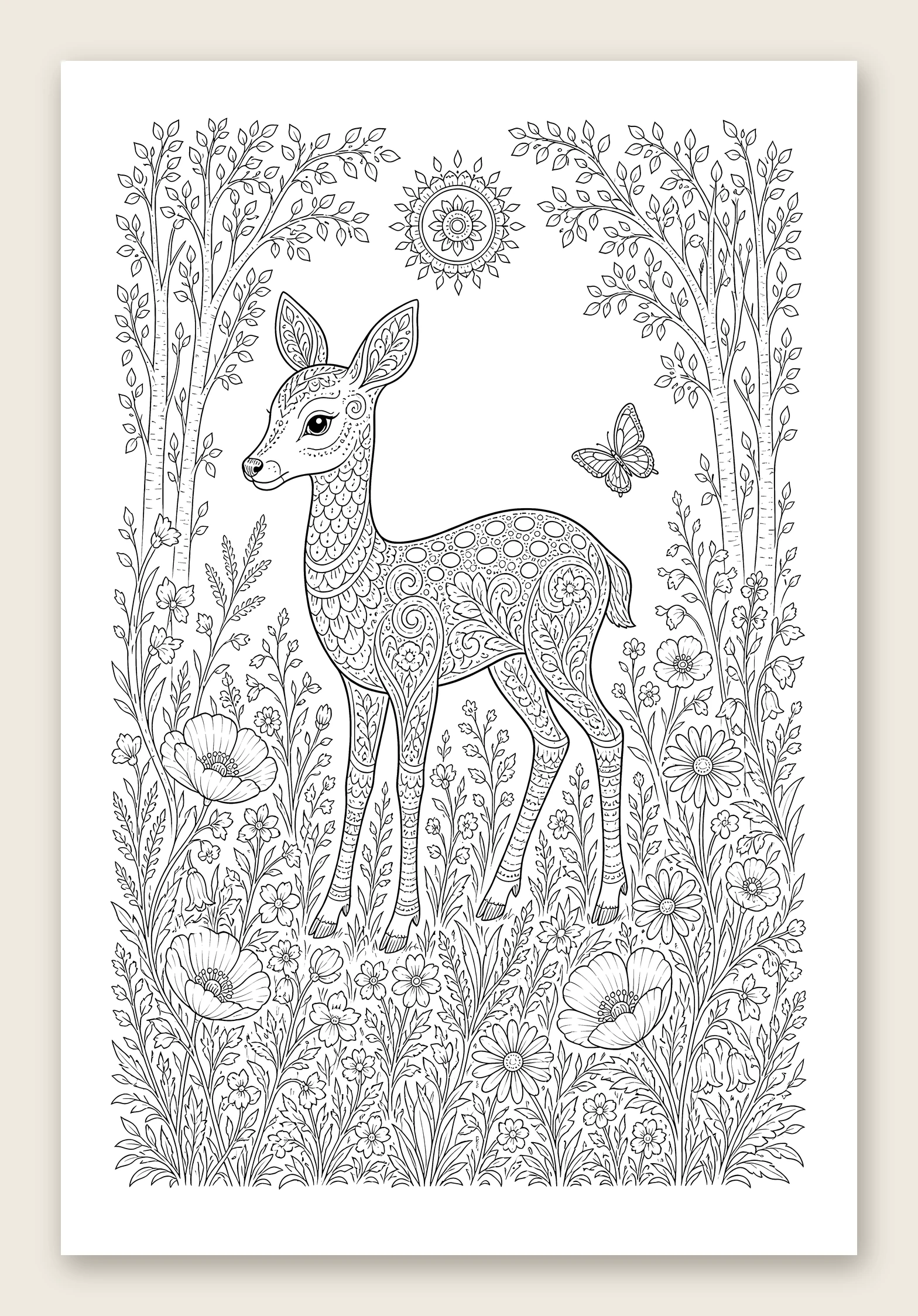 Deer among wildflowers — line-art coloring page