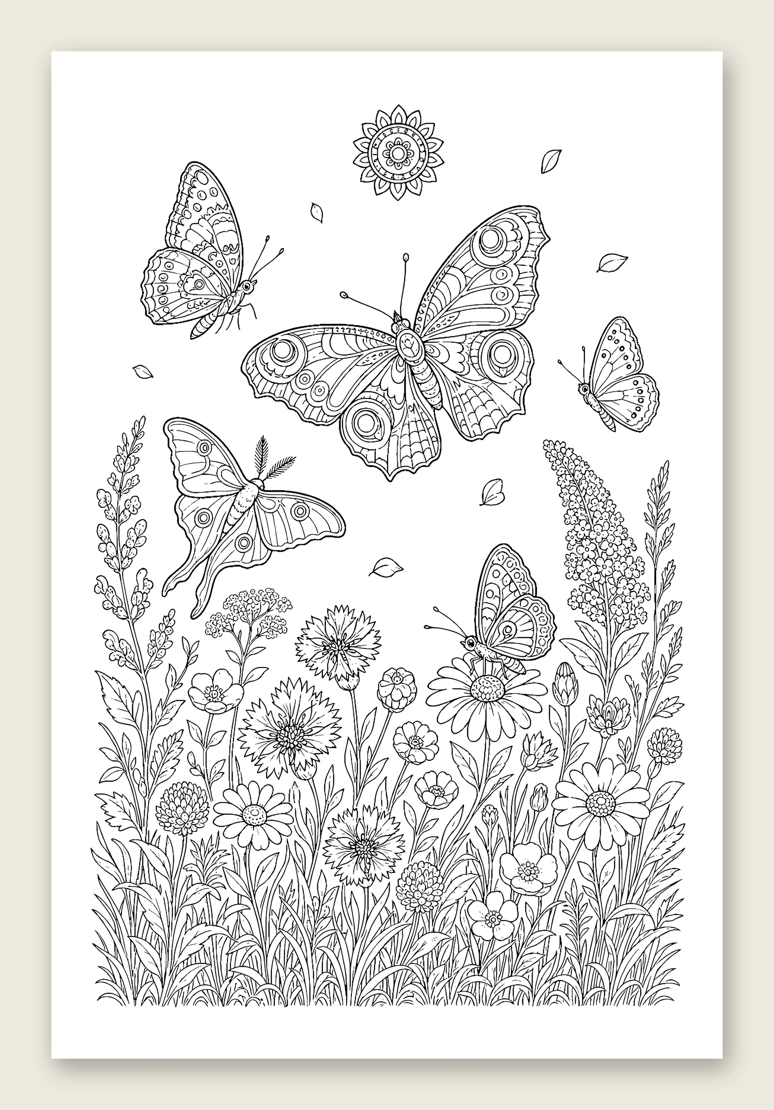 Butterfly garden over daisies and blooms — line-art coloring page