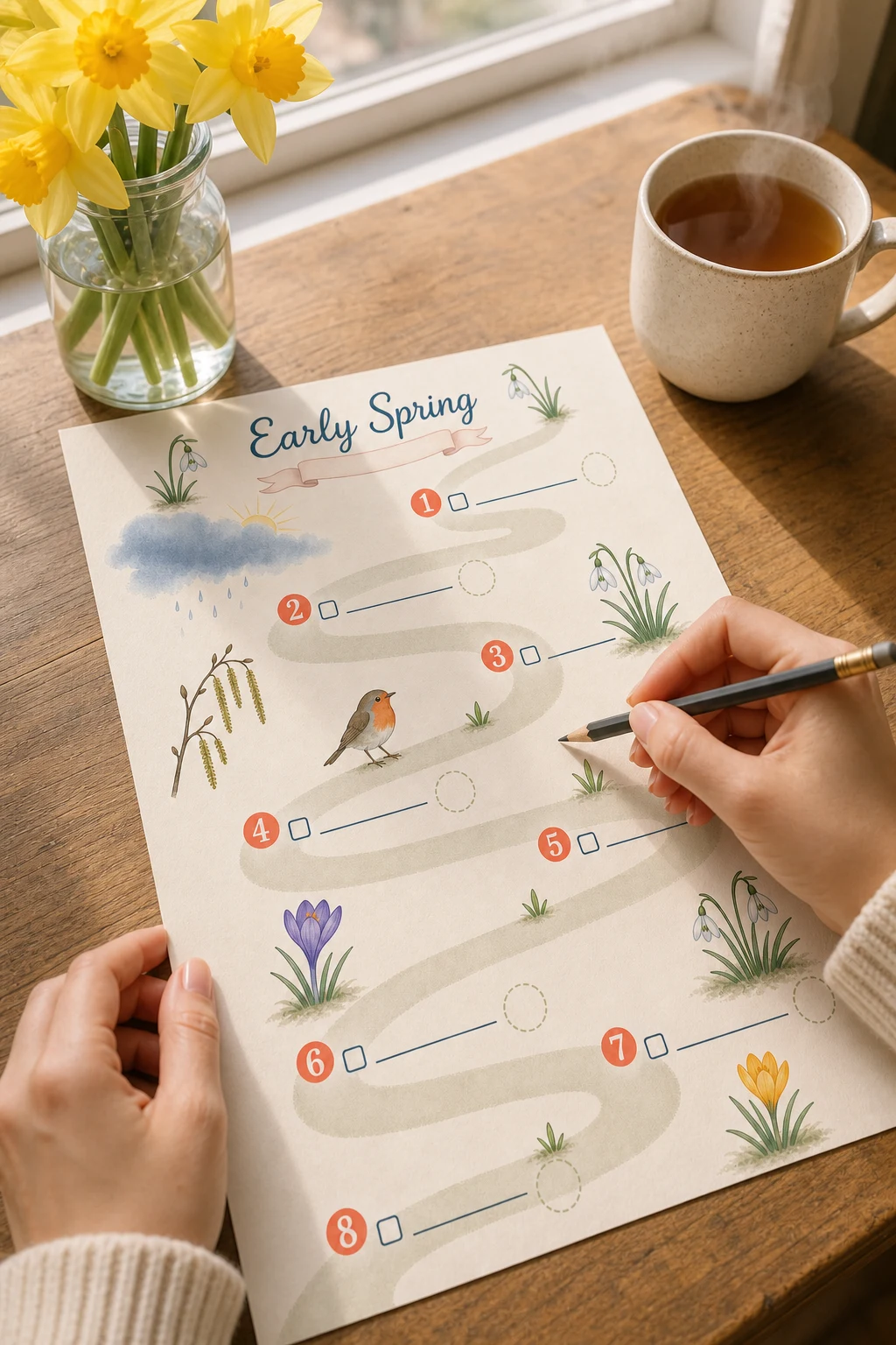 Hands writing a spring plan on the printed Early Spring page beside tea and daffodils