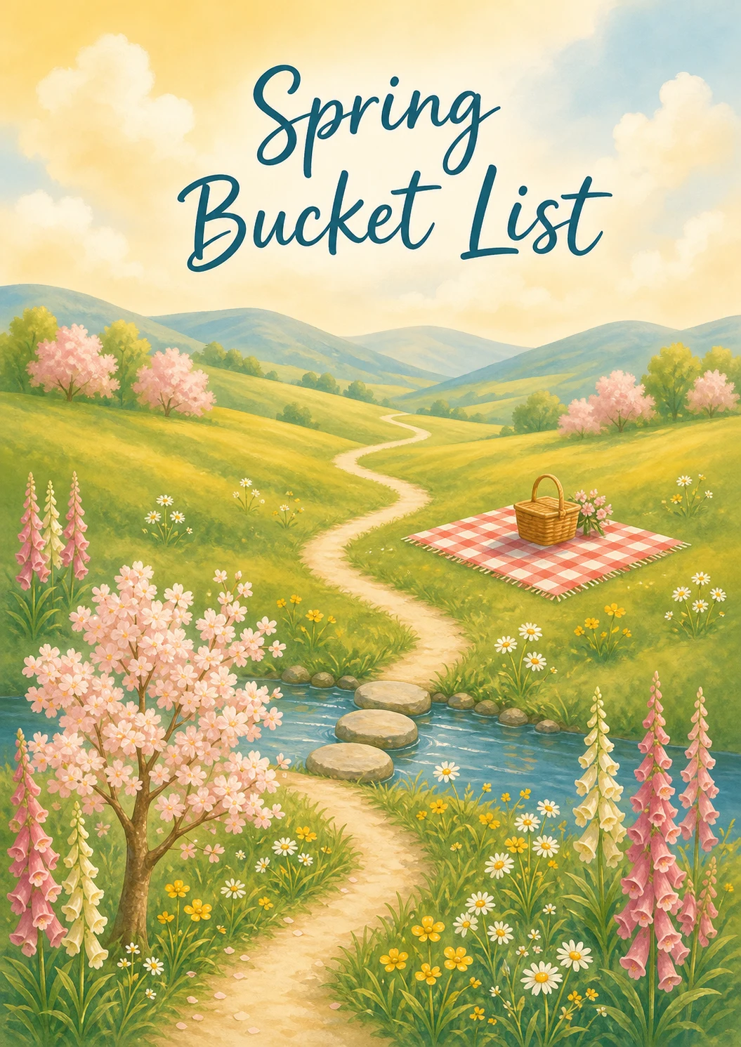 Spring Bucket List cover — a winding path through a watercolor meadow