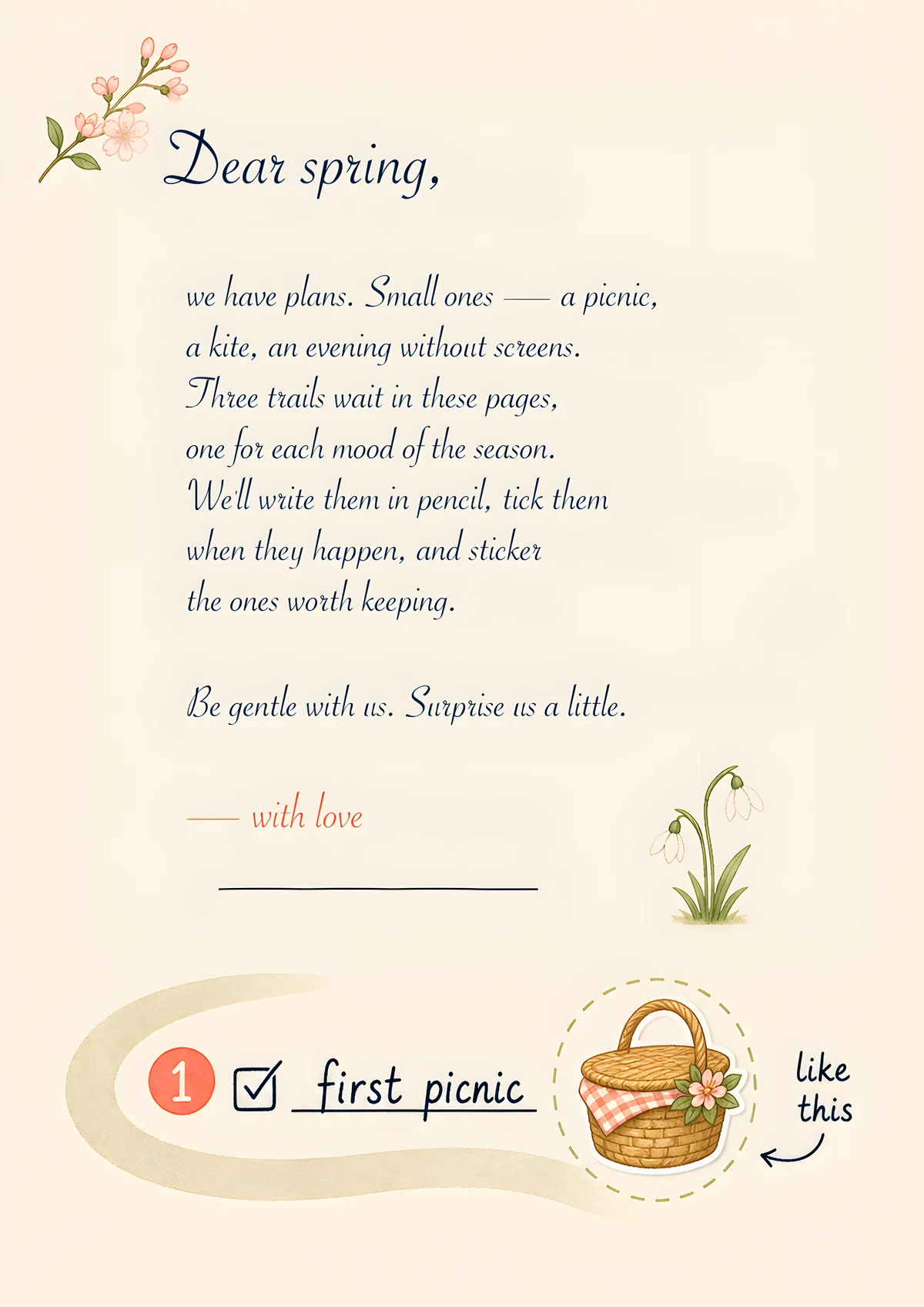 Dear spring — the opening letter page, with the first trail stop ticked as an example