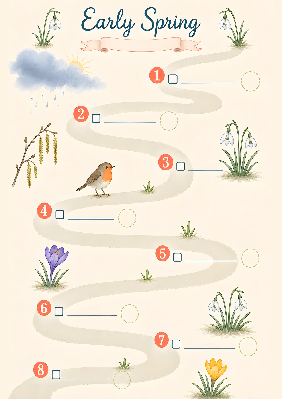 Early Spring trail page — eight numbered stops winding past a robin and the first crocuses