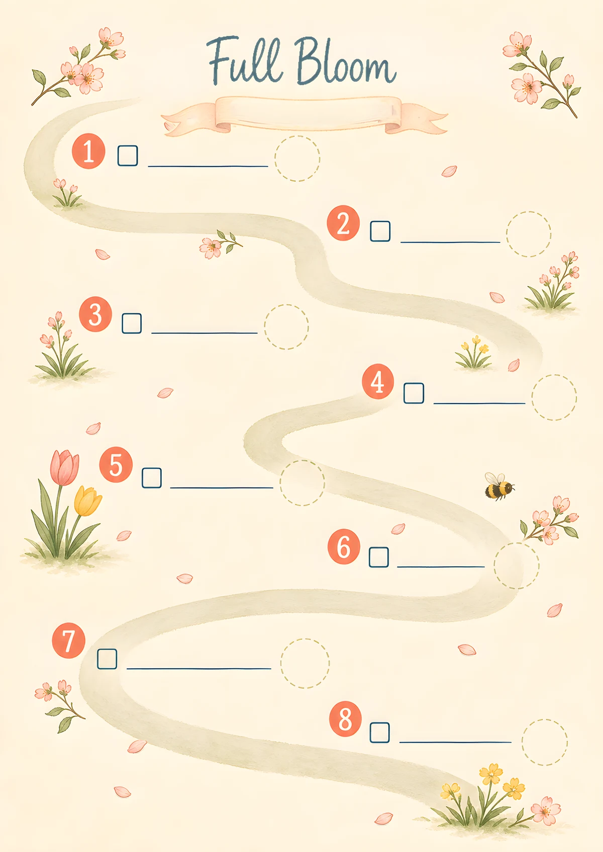 Full Bloom trail page — eight blank stops among tulips and falling petals