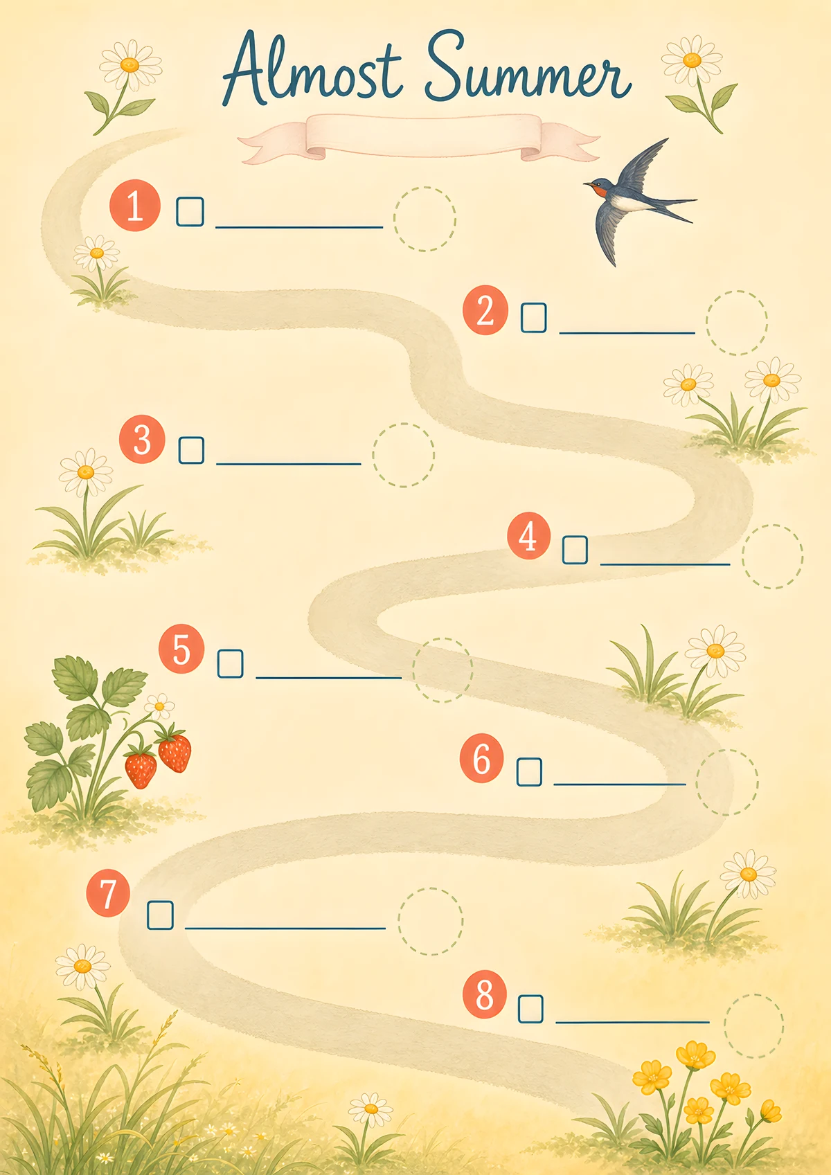 Almost Summer trail page — eight stops with a swallow and wild strawberries along the path