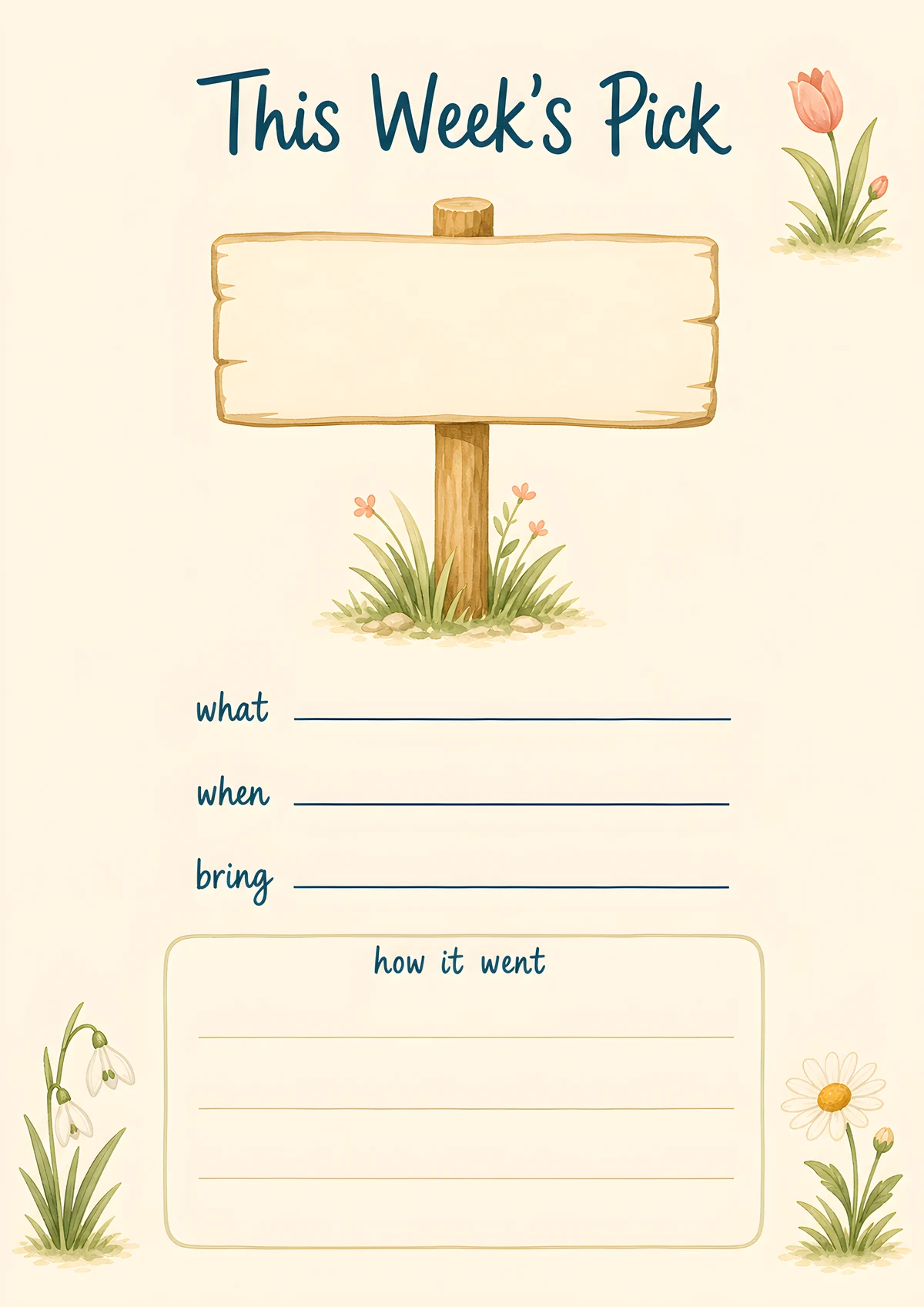 This Week's Pick page — a painted wooden signpost above what, when, and bring lines