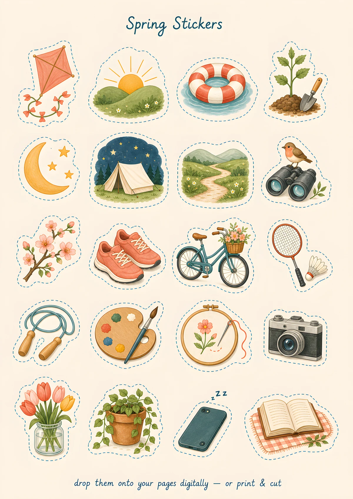 Spring Stickers sheet — twenty painted symbols, from kites and tents to bicycles and picnic baskets
