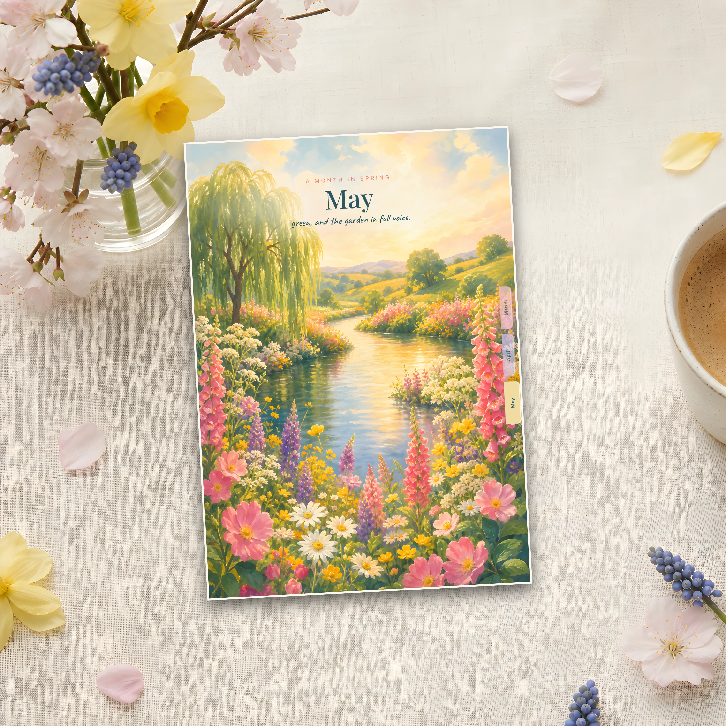 May chapter divider — a painted riverbank in full flower, with daffodils in a vase nearby