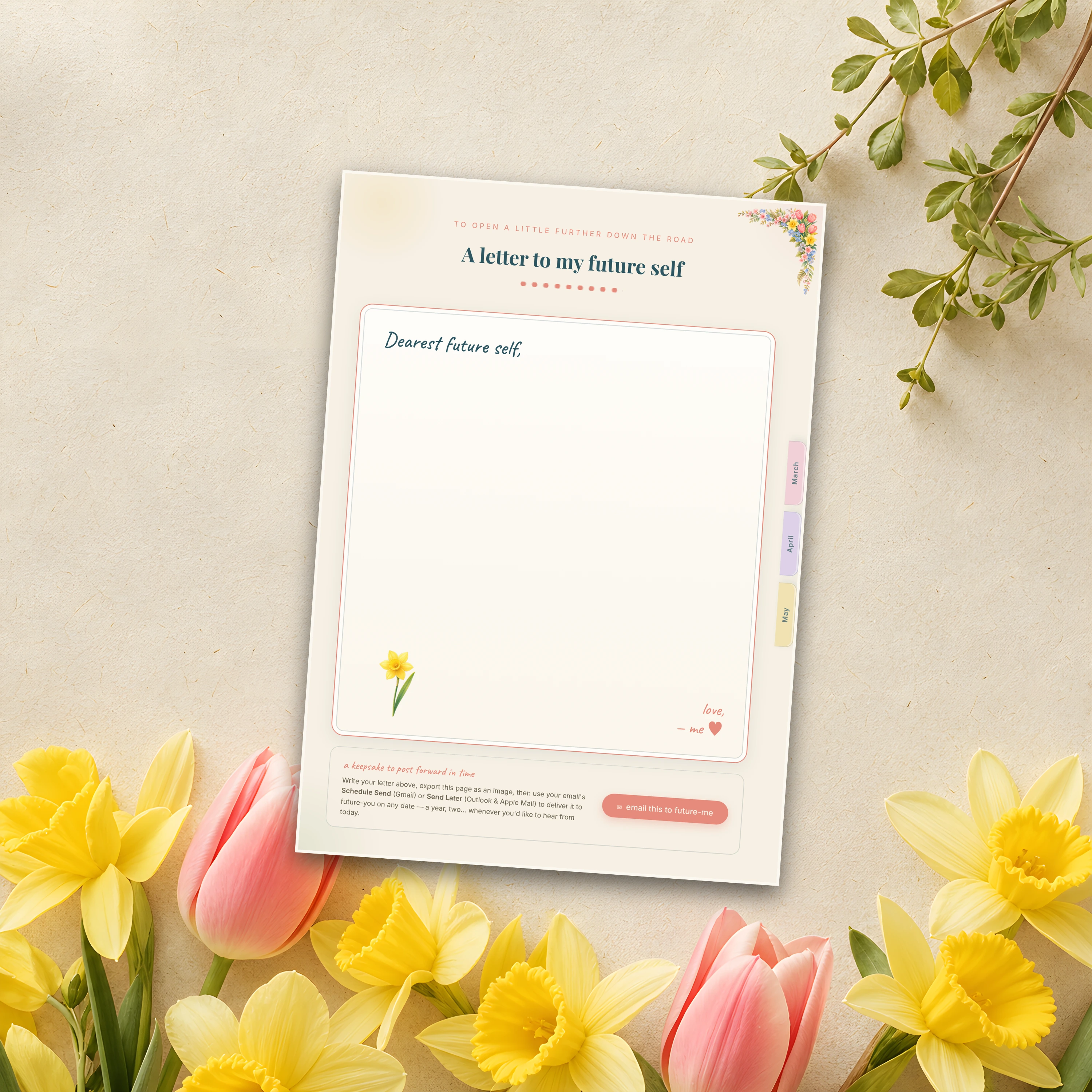 A letter to my future self page, laid among tulips and daffodils