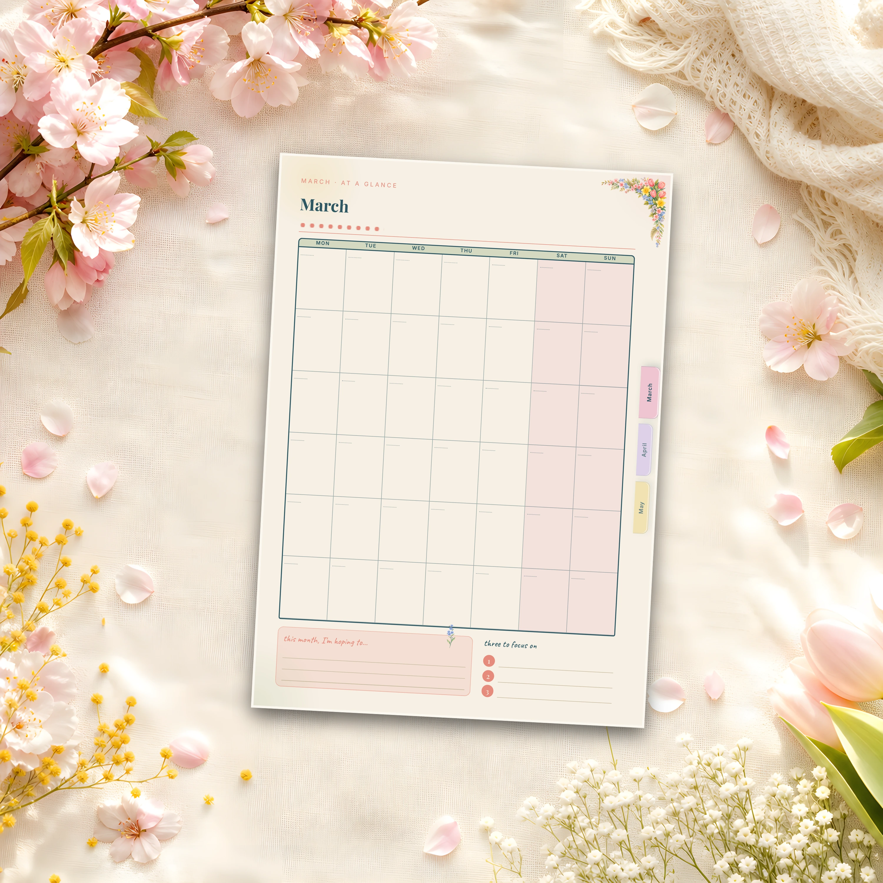 March monthly dashboard — undated grid with a quiet margin column