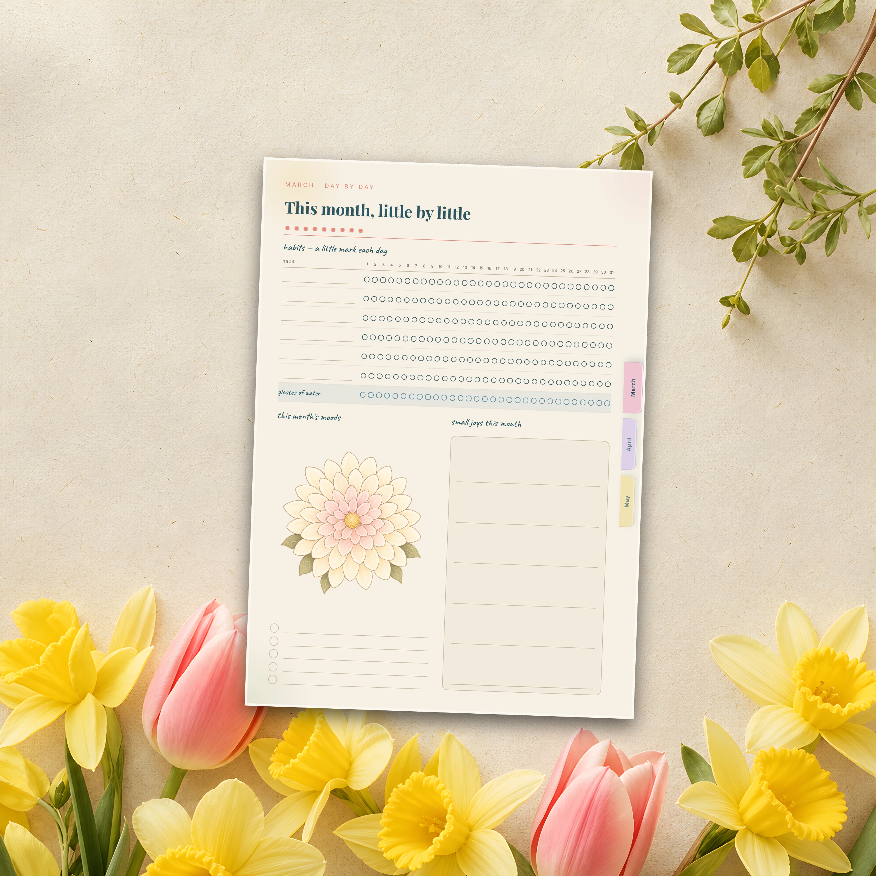 This month, little by little — habit tracker page with a painted bloom at its centre