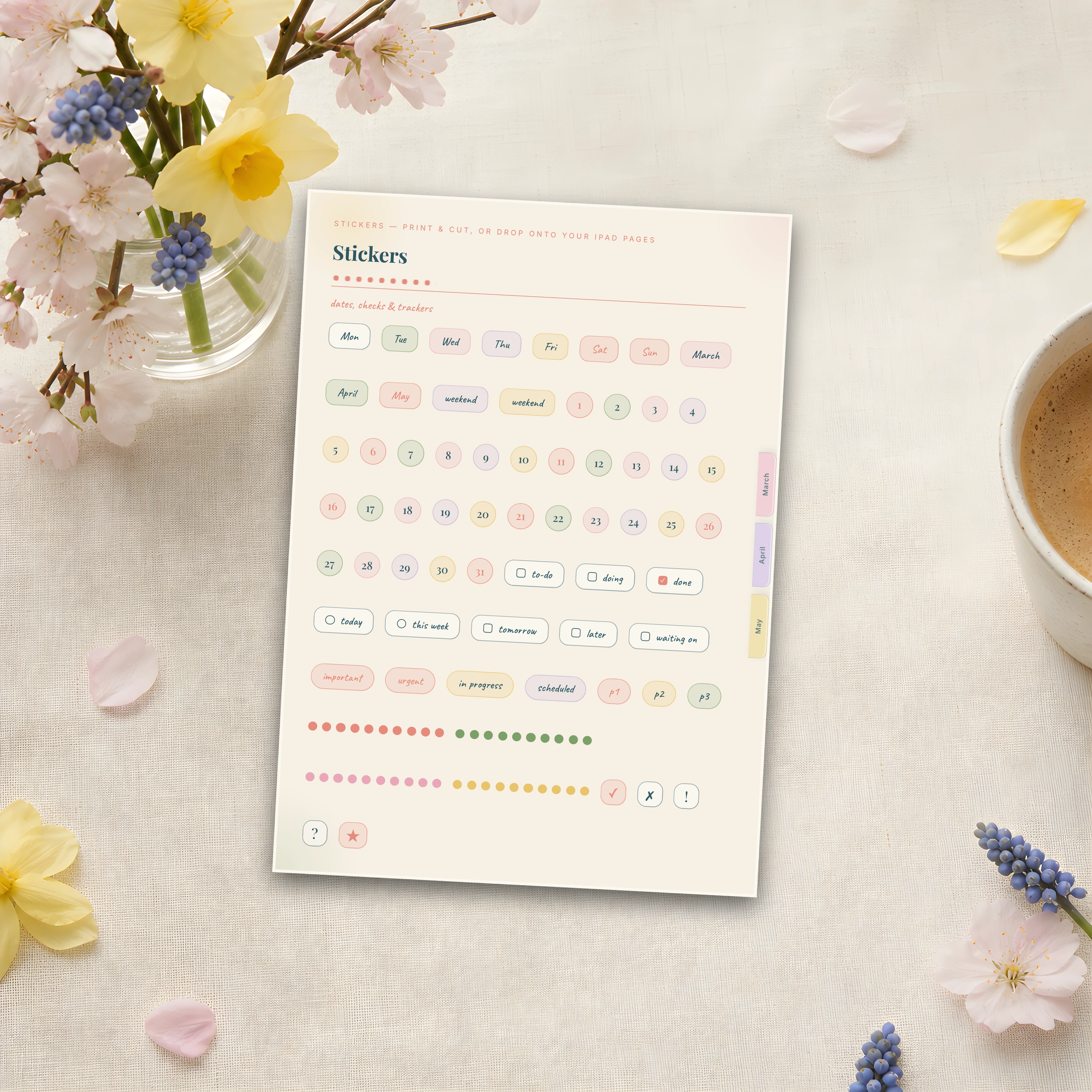 Painted sticker sheet — rows of small spring dots, banners, and garden marks