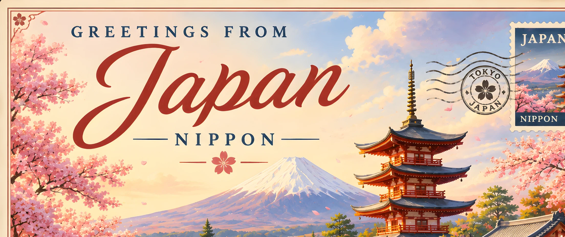 Greetings from Japan — postcard detail, a red pagoda among sakura with Mount Fuji behind