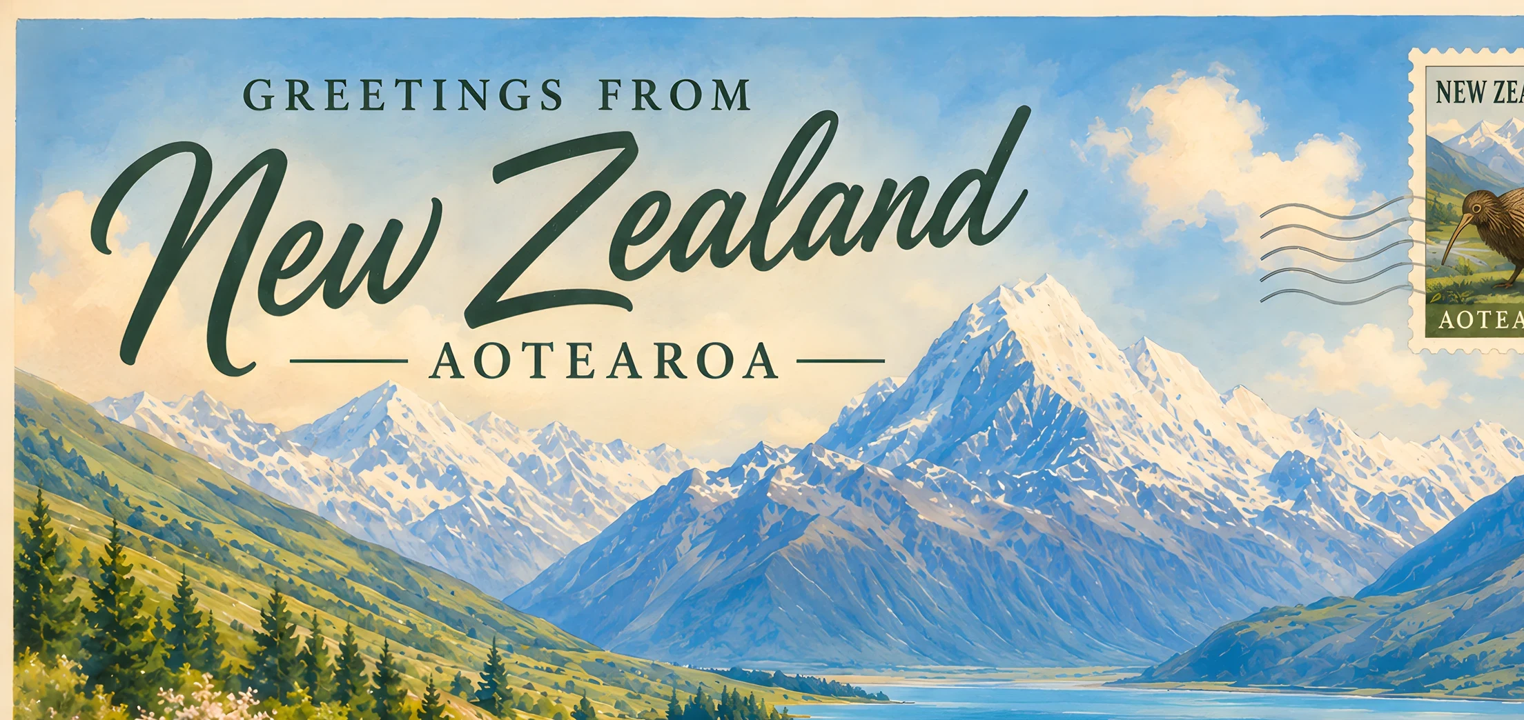 Greetings from New Zealand — postcard detail, a wildflower road toward snowy peaks