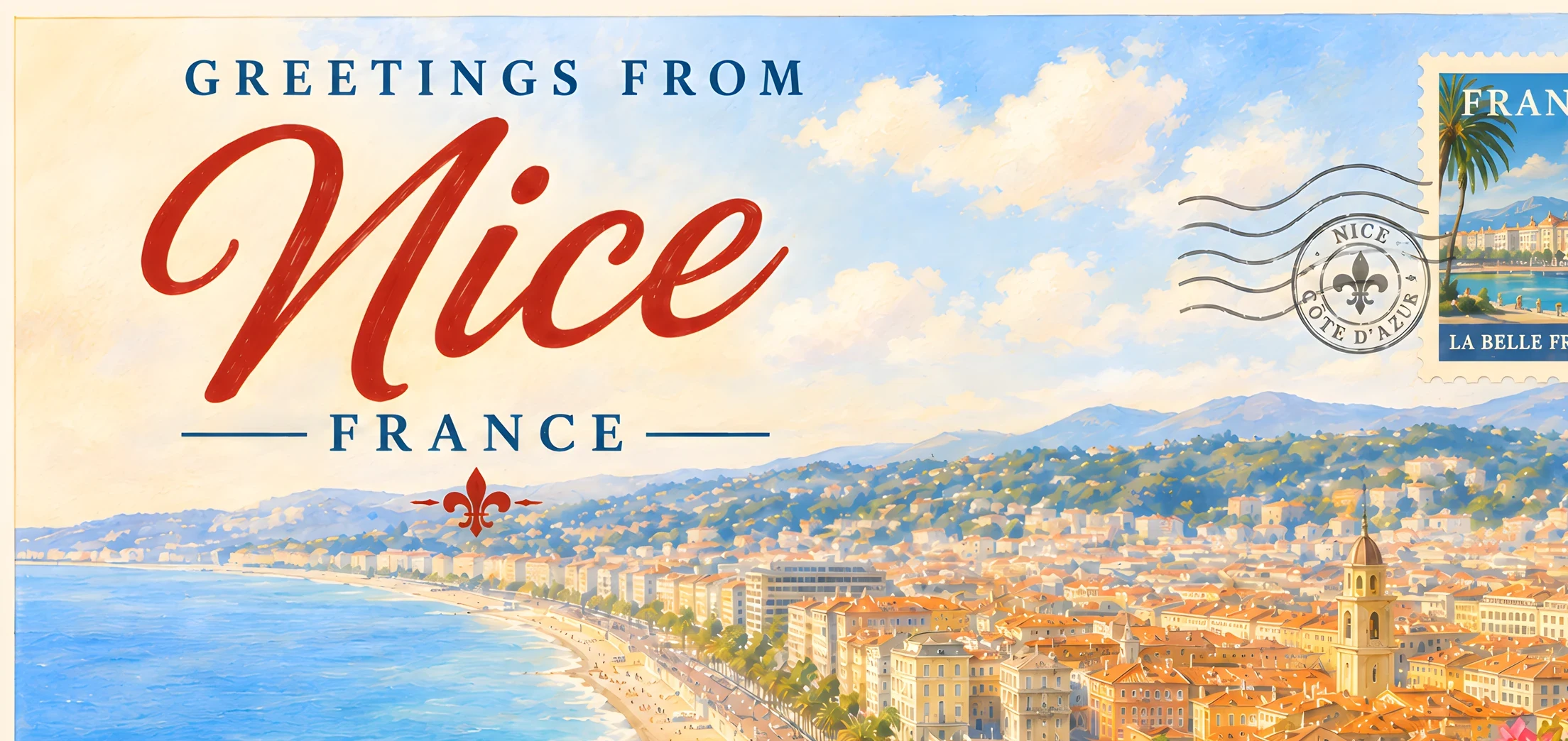 Greetings from Nice — postcard detail, the long beach curve lined with palms