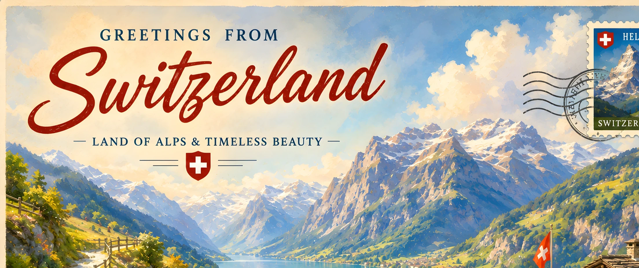 Greetings from Switzerland — postcard detail, a chalet above an alpine lake