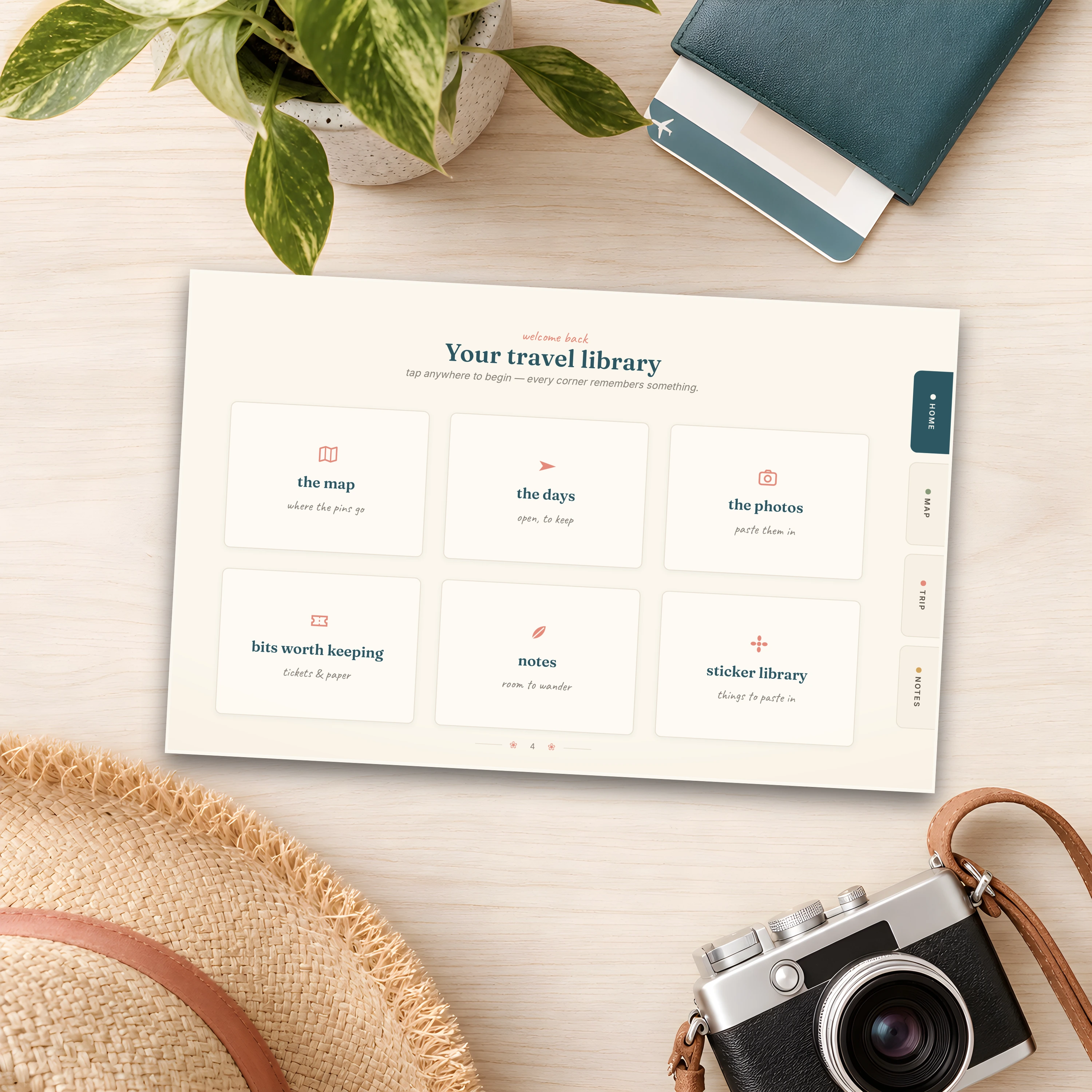 Your travel library — the tappable hub page linking the map, the days, the photos, and the sticker library