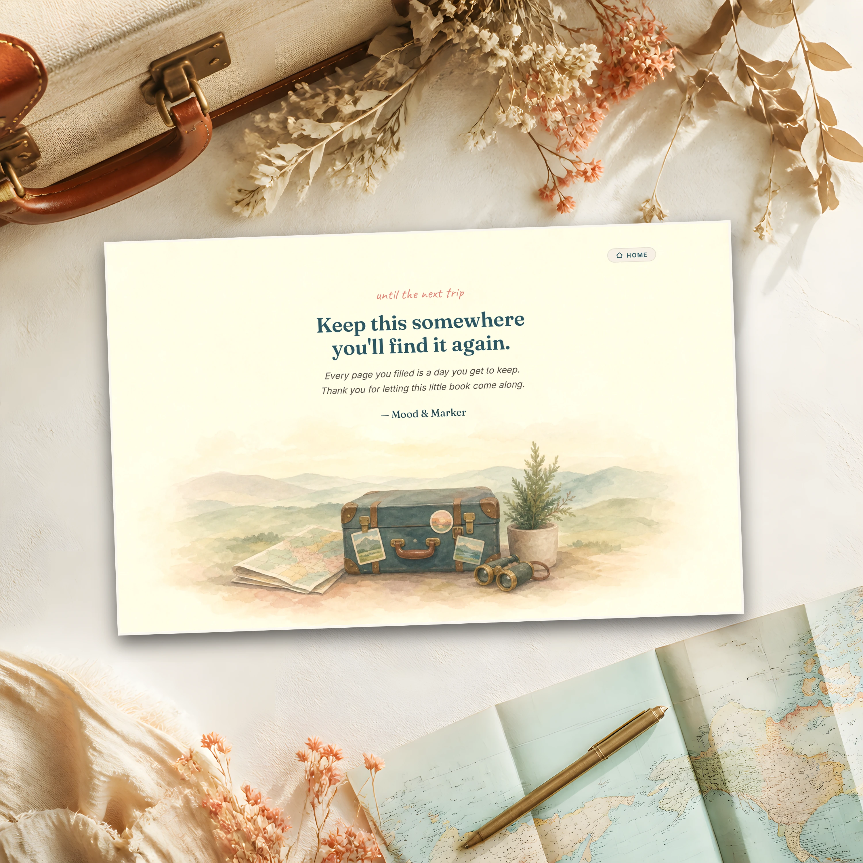 The closing page — 'keep this somewhere you'll find it again' above a painted suitcase scene