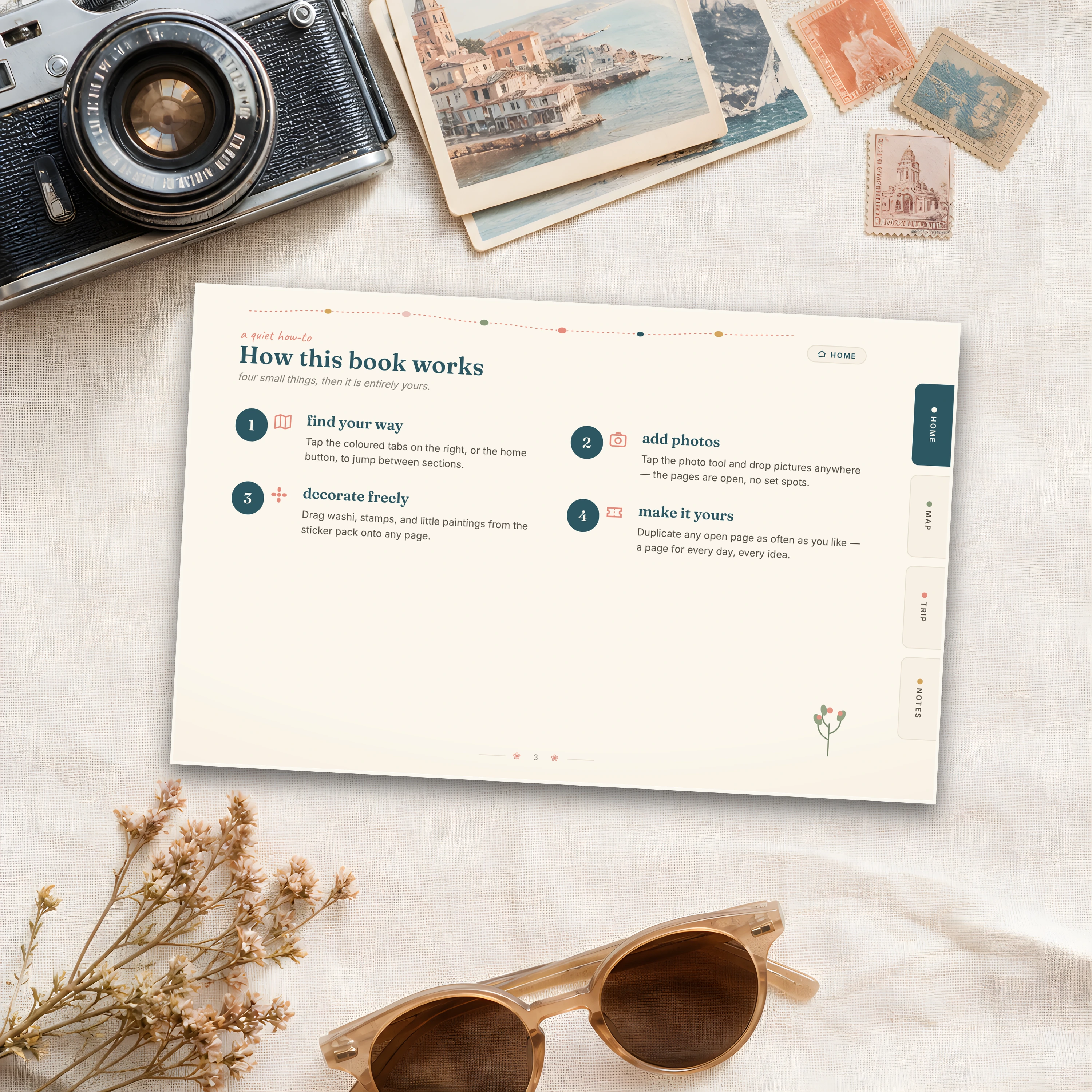 How this book works — the illustrated guide to tabs, photos, and stickers