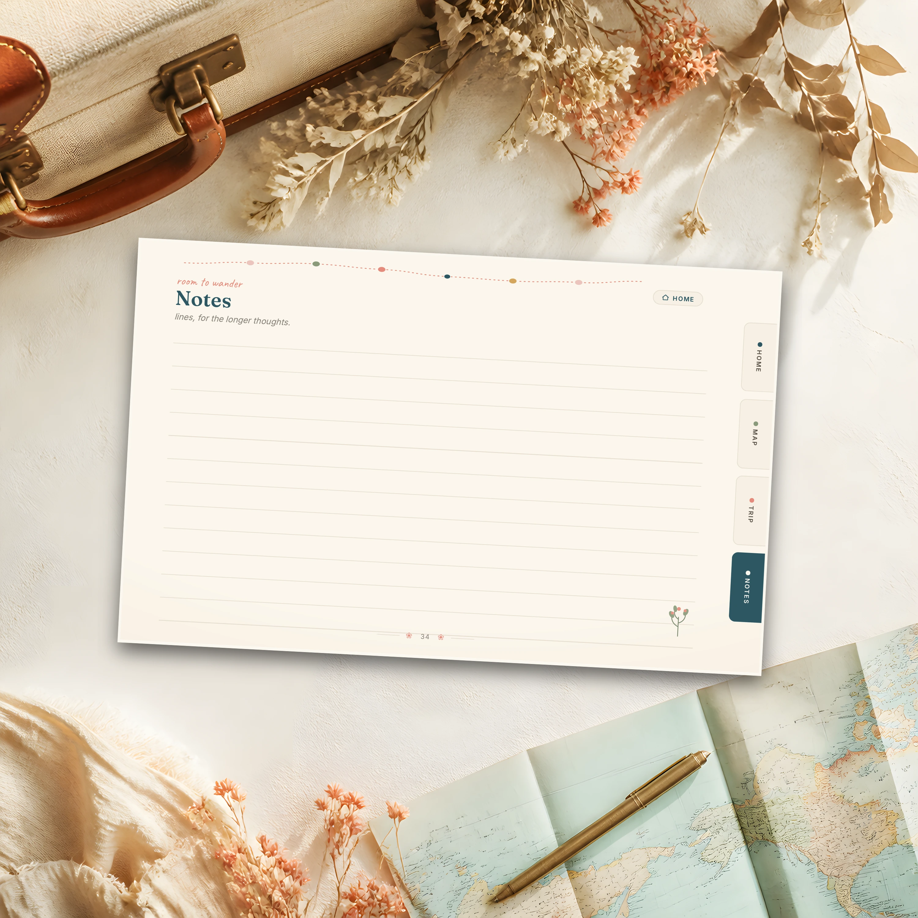 The notes page at the back of the book, in a flat-lay with dried flowers and a travel journal