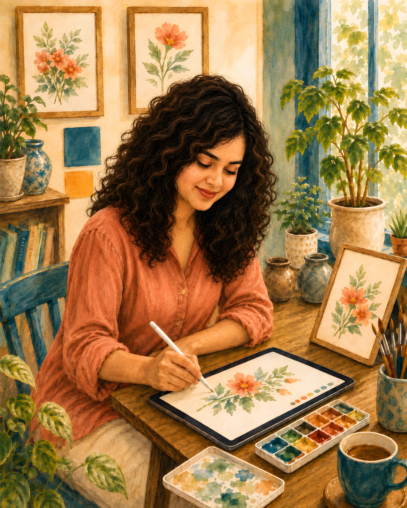 Priya, at the studio — illustrated portrait painting at a sunlit desk