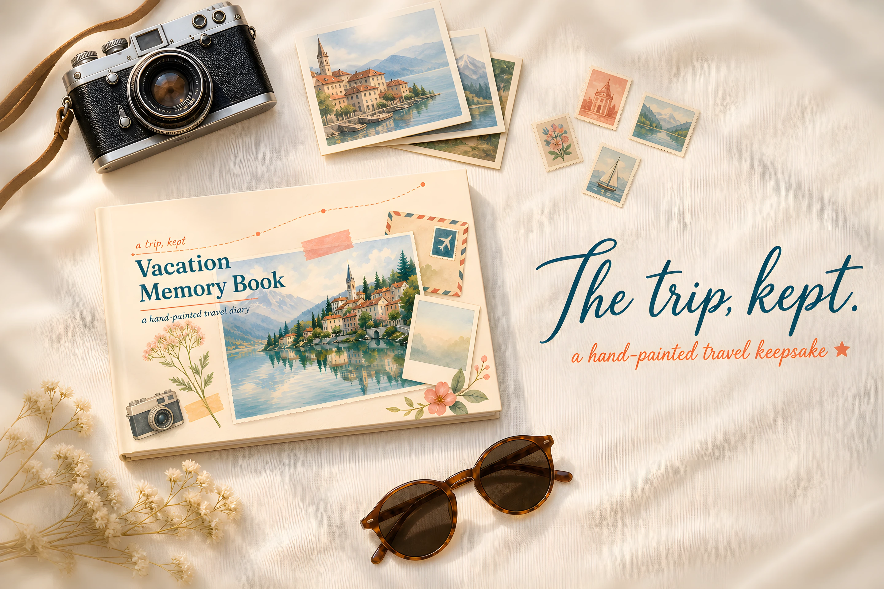The trip, kept — the Vacation Memory Book on linen with a film camera, postcards and stamps